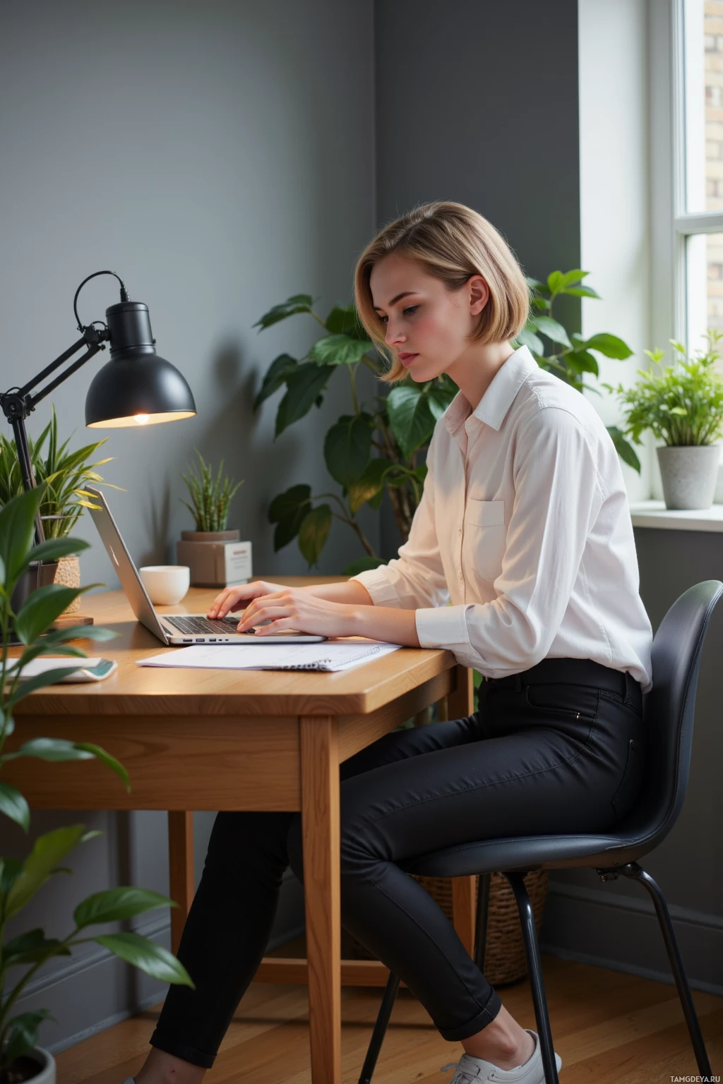 Realistic high quality photo. A 33‑year‑old woman with short light brown hair, blue eyes, pale skin, wearing a plain white shirt and fitted black trousers, sits at a wooden desk in the quiet corner of her apartment, intently typing code on a laptop while a potted ficus leans nearby, a small desk lamp casting soft light over a stack of programming notes and a coffee mug.