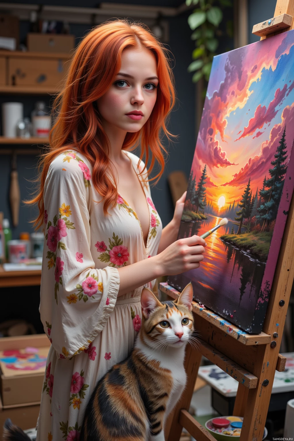 Realistic high quality photo. Female 27-year-old artist with vibrant red wavy hair and bright blue eyes, wearing a flowing floral bohemian dress, standing in her cozy studio at dusk beside a canvas painted a sunset that looks like spilled smoothie, while a curious cat watches her brush, surrounded by paint splatters and canvases scattered around.
