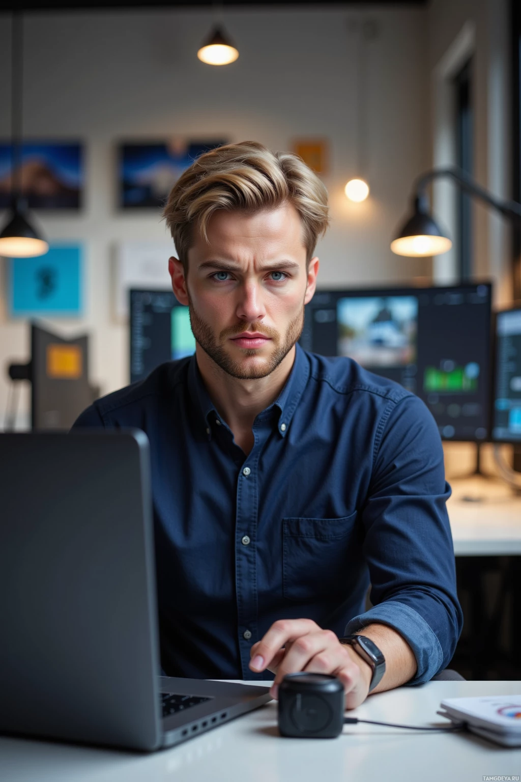 Realistic high quality photo. Tall 29‑year‑old male with blonde hair, blue eyes, pale skin, angular face, wearing a navy blue button‑up shirt and black jeans, seated at a modern office desk with a laptop showing animated UI, holding a 200W cooling fan, skeptical expression, daylight.