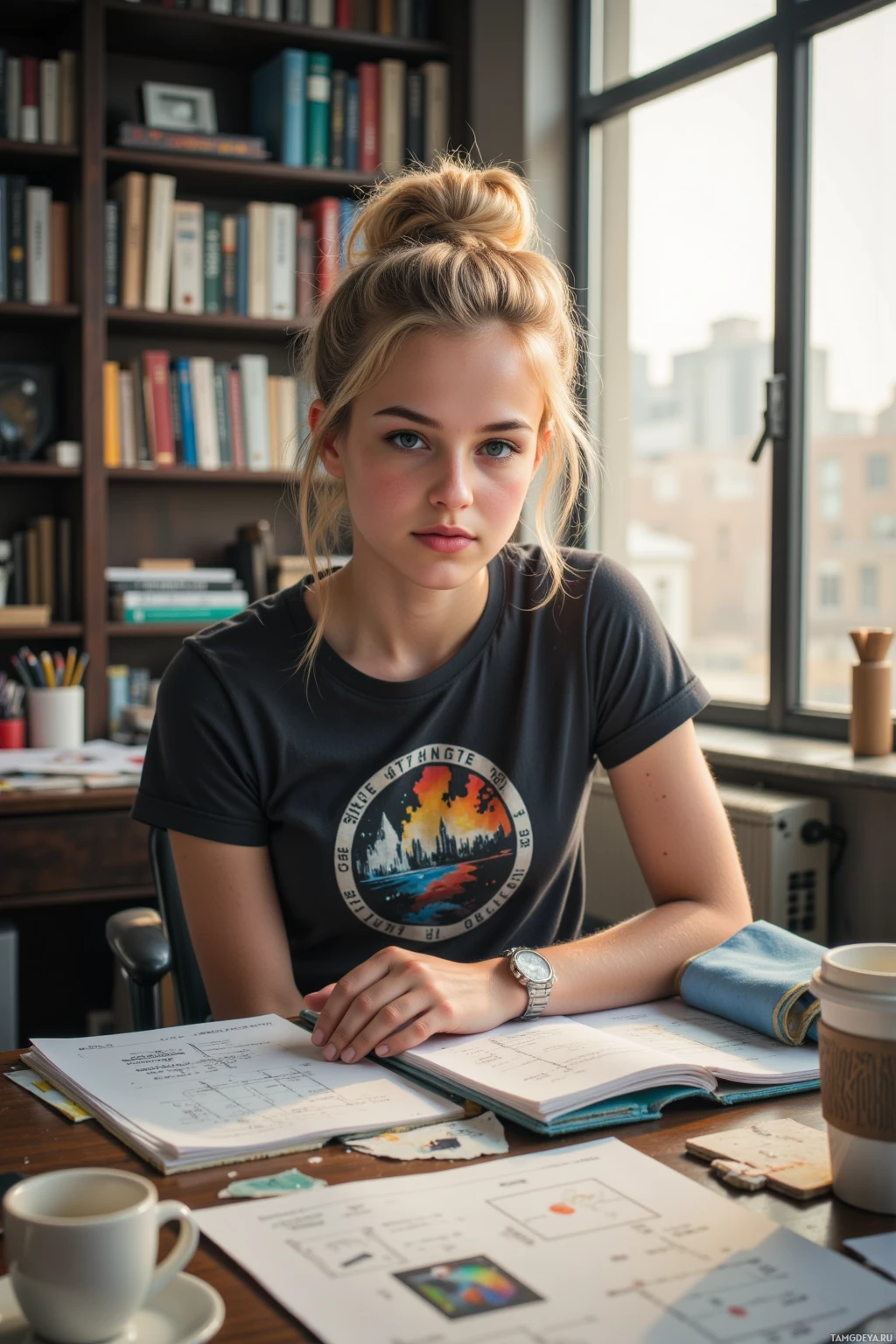 Realistic high quality photo. Young woman with curly blonde hair in a messy bun, bright blue eyes, pale skin, wearing a graphic t‑shirt, jeans, and a silver watch, sits at a cluttered desk strewn with level design blueprints, scattered notes, a broken calendar, a coffee mug, and a cape draped on a chair, late afternoon light streaming through the window while tiny stardust sparks drift around her.
