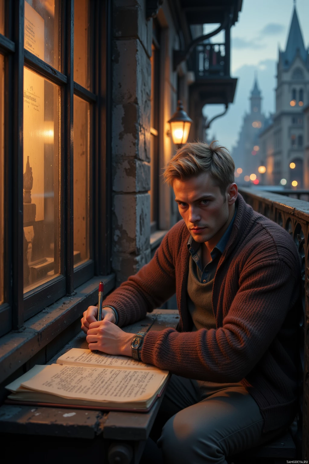 Realistic high quality photo. A 32‑year‑old slim man with short pale blonde hair, soft green eyes and fair skin in a knitted cardigan and neutral‑toned pants sits alone on a narrow balcony at dusk, lanterns flickering through old glass walls illuminate his hand as he traces lines on a worn script while the quiet hum of the city surrounds him.