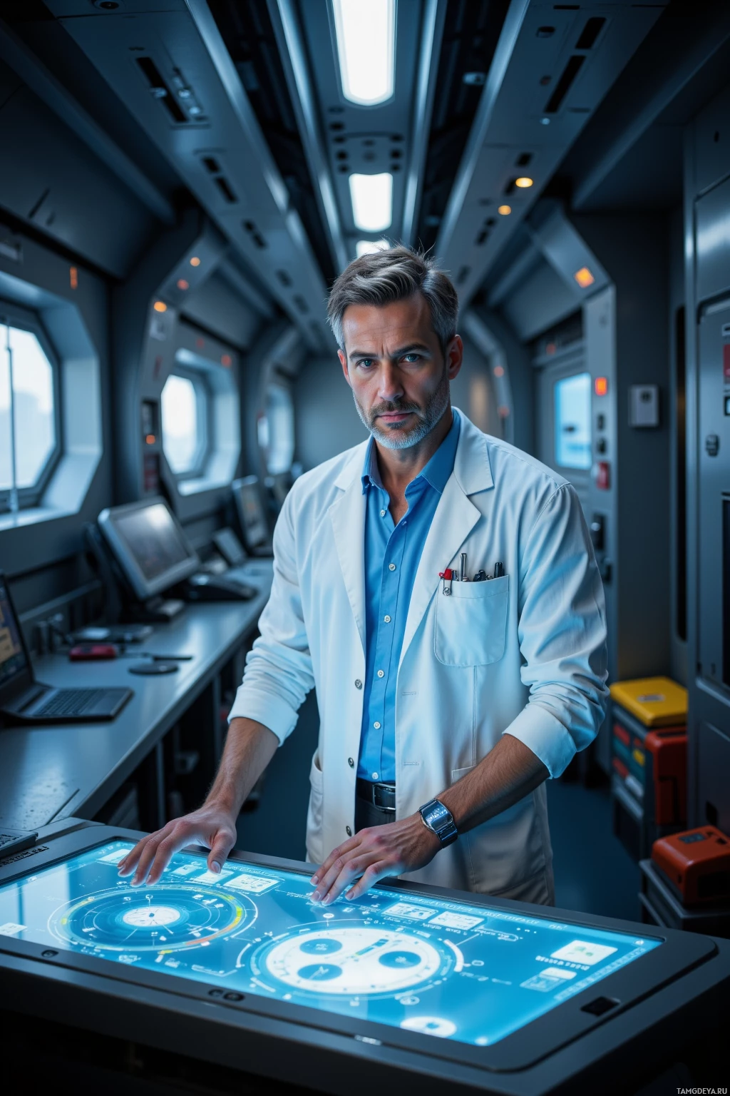 Realistic high quality photo. Male 35-year-old doctor with salt‑and‑pepper hair and piercing blue eyes in a white lab coat over crisp shirt and dark trousers stands at a holographic console in a dimly lit spacecraft engineering corridor, flickering lights overhead, servers humming, his wristband shows spiking bio‑sensor data as he recalibrates gyroscopes while the crew watches quietly.