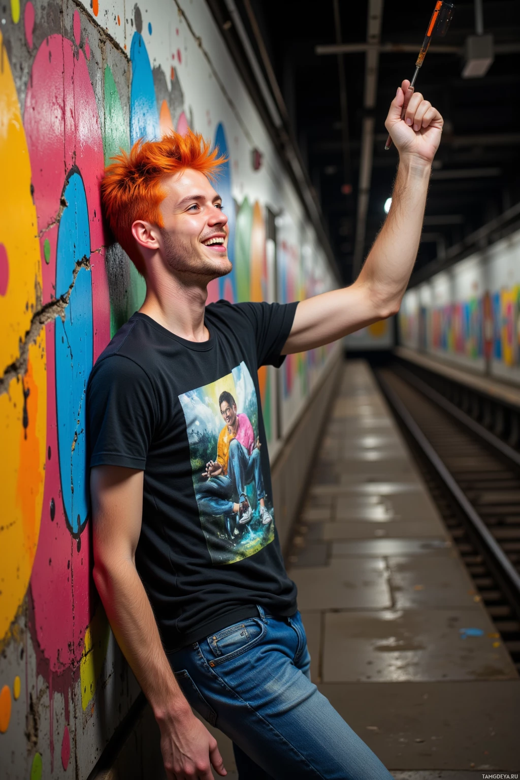 Realistic high quality photo. A 25‑year‑old man with messy bright orange hair, blue eyes, pale skin, wearing a graphic t‑shirt and jeans, leans against a cracked subway wall at midnight, spraying vibrant splashes of color while laughing with a dark grin as flickering overhead lights cast shadows on the concrete.