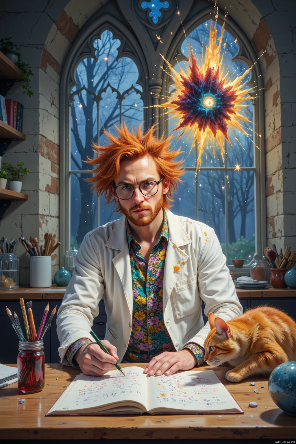 Realistic high quality photo. 40‑year‑old man with wild bright red hair, round glasses, pale skin, wearing a stained lab coat over a colorful patterned shirt, scribbles equations on a kitchen wall that appears to form a tiny chaotic galaxy while his cat jumps onto the table chewing a notebook; gothic arches are visible through the window behind him in a modern realistic interior.