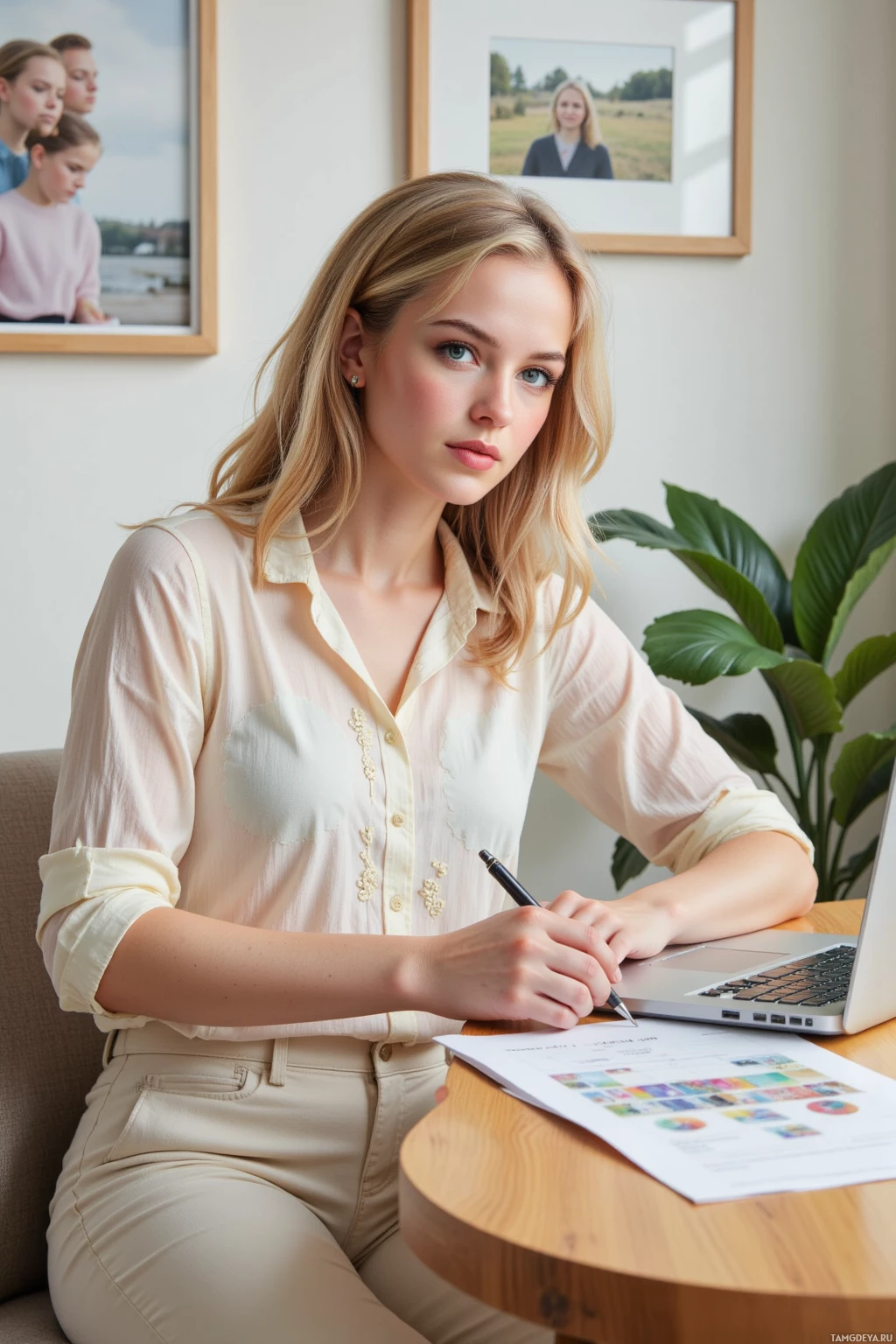 Realistic high quality photo. 27‑year‑old woman with curly blonde hair, bright blue eyes, fair skin wearing a pastel-colored blouse with delicate patterns and tailored light trousers, sits at a wooden desk in a sunny studio surrounded by photo frames—including one crooked frame on the wall—intently adjusting a digital photo grid on her laptop while holding a pen.