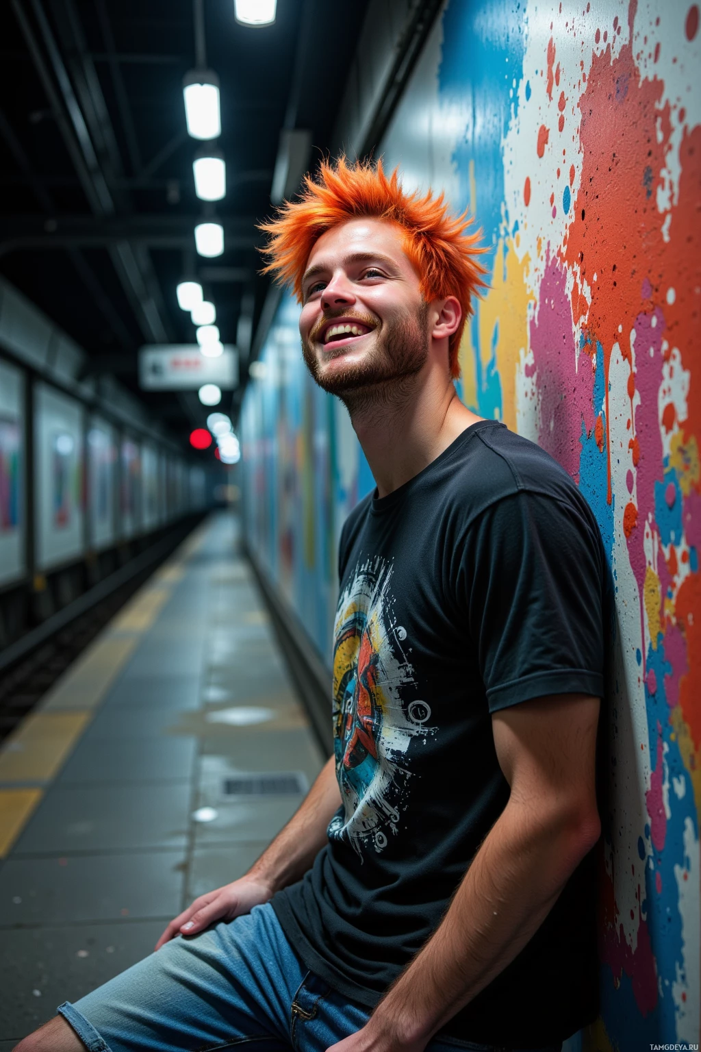 Realistic high quality photo. A 25‑year‑old man with messy bright orange hair, blue eyes, pale skin, wearing a graphic t‑shirt and jeans, leans against a cracked subway wall at midnight, spraying vibrant splashes of color while laughing with a dark grin as flickering overhead lights cast shadows on the concrete.