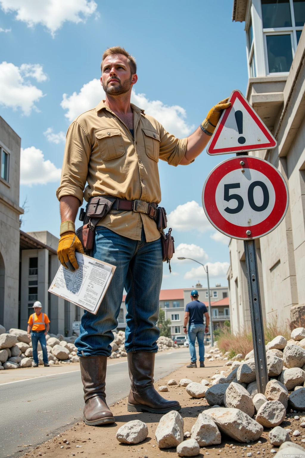 Realistic high quality photo. A rugged 39‑year‑old demolition expert with short blonde hair, piercing blue eyes, broad shoulders, wearing a worn work shirt, steel boots, gloves, and a massive hammer at his side, stands at noon in a modern construction yard, holding a permit in one hand and staring at a large road sign blocking the crew’s route, jaw set and ready to ignite an explosive charge, surrounded by safety barriers, concrete piles, and his crew in work overalls.