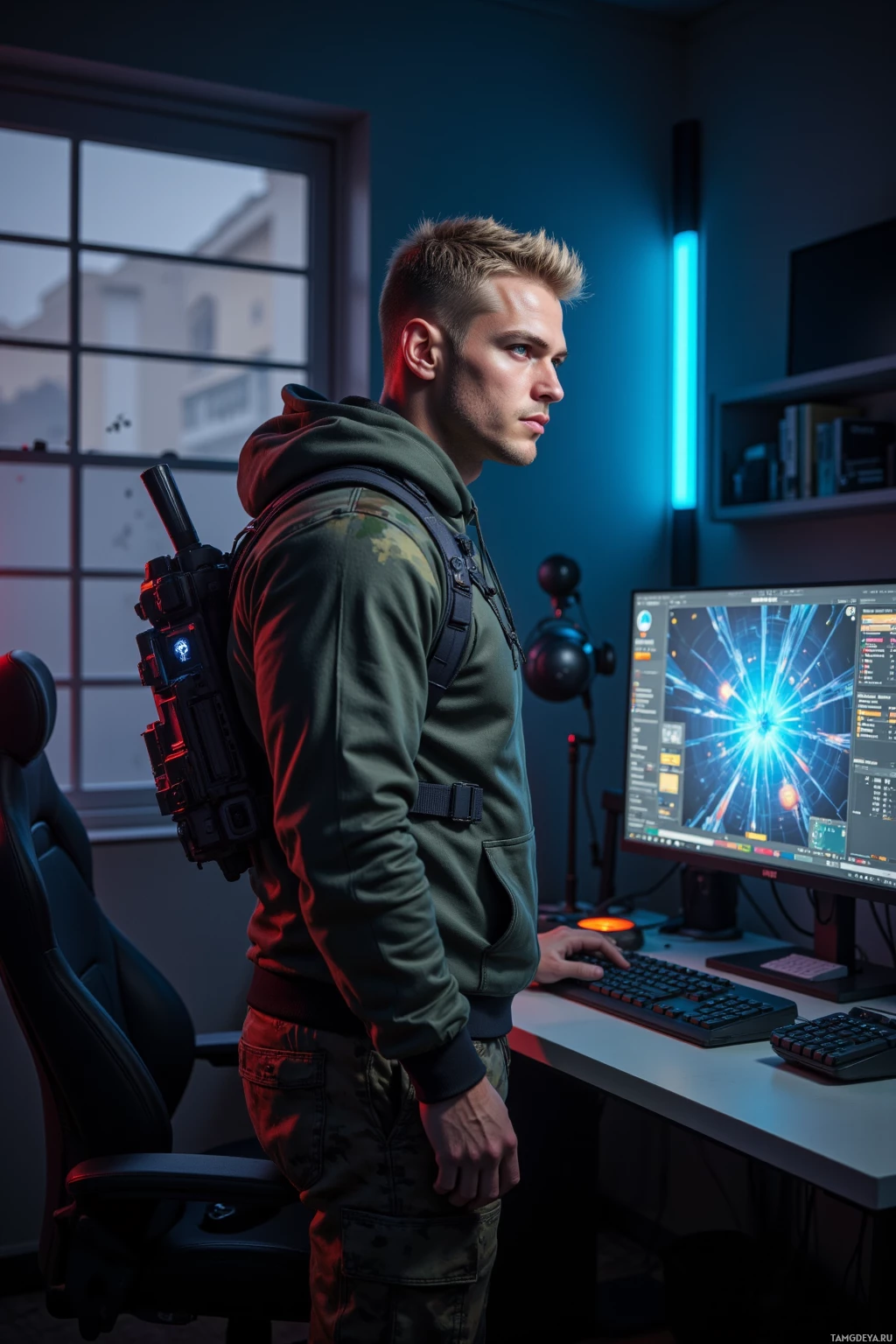 Realistic high quality photo. A muscular 34‑year‑old man with short blonde hair, piercing blue eyes, strong jawline, wearing a camouflage hoodie and sturdy pants, stands in a dimly lit gaming room with field‑like lighting, reviewing heatmap data on a monitor while a glowing emblem on his desk illuminates tactical gear and a streaming setup, his posture poised and focused, ready to lead his crew.
