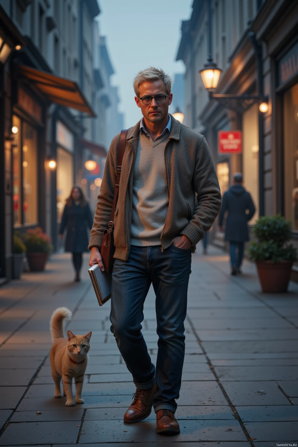 Мужчина идёт по улице города, за ним следует кошка.