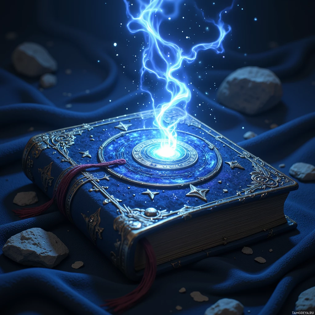 Semi-abstract image with many light, that is suitable for the post:  A tiny brass ledger wrapped in midnight blue velvet, its cover etched with swirling silver runes that glow faintly, emitting a subtle humming vibration, with pages that appear to write themselves in silver ink from an invisible quill.