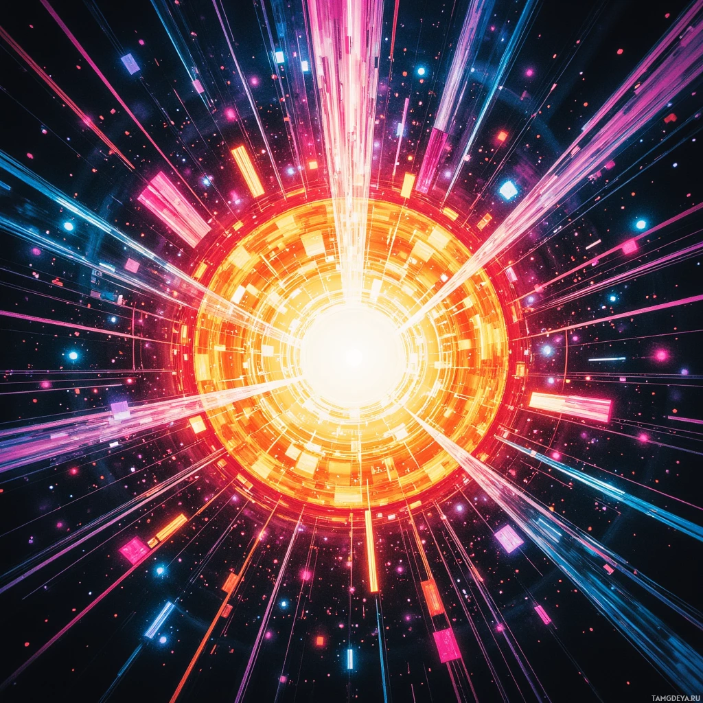 A vibrant, futuristic tunnel with glowing lines and particles radiating outward against a dark background.