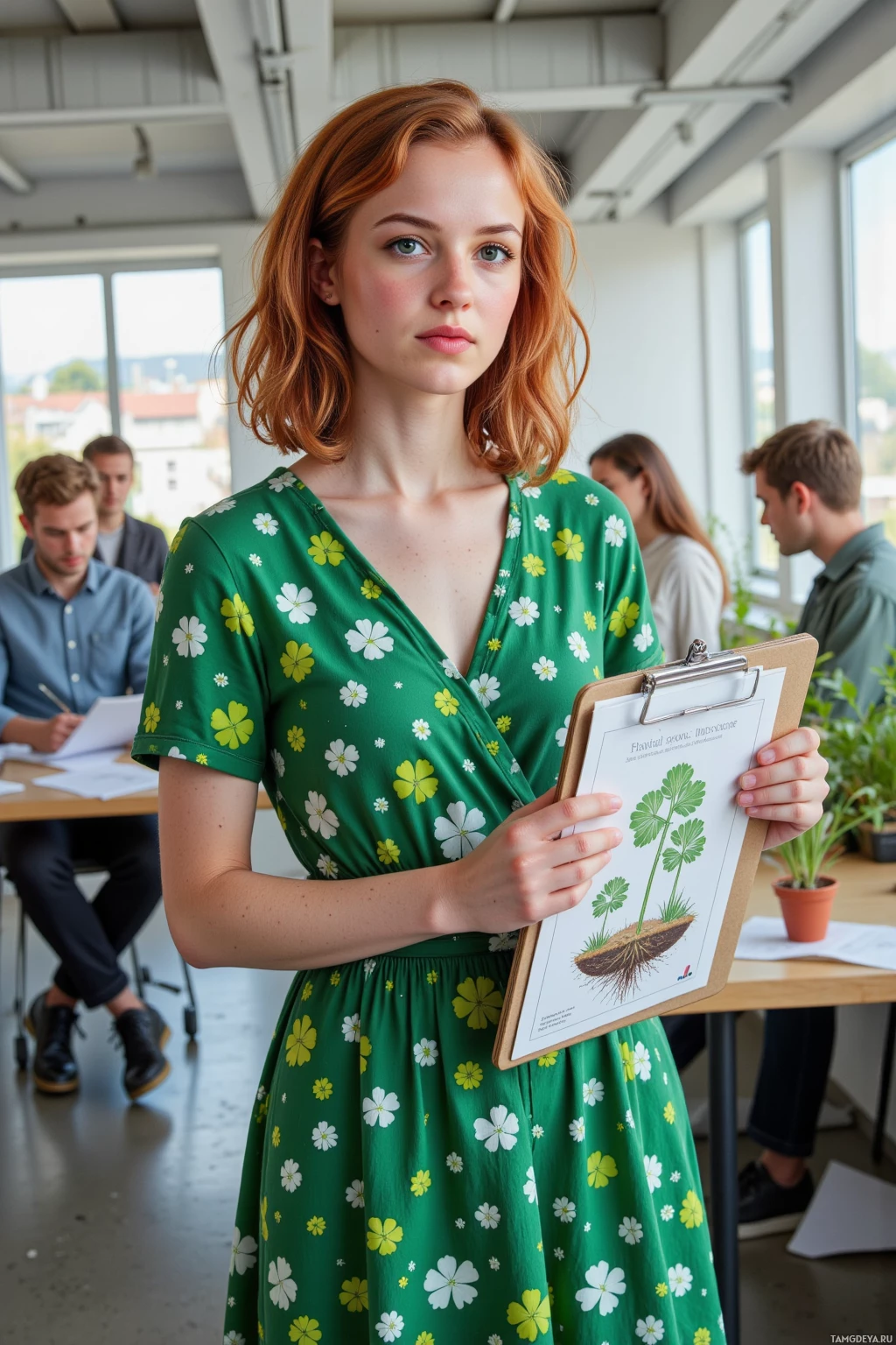 Realistic high quality photo. A woman, 29, with curly red hair and bright green eyes, wearing a clover‑print green dress, stands in a modern office with concrete floor cracks, holding a handwritten apology note and a notebook while she speaks to a stubborn thistle in a pot, maps underground root networks on a clipboard, and watches seedlings sprouting on a windowsill as coworkers focus on spreadsheets.