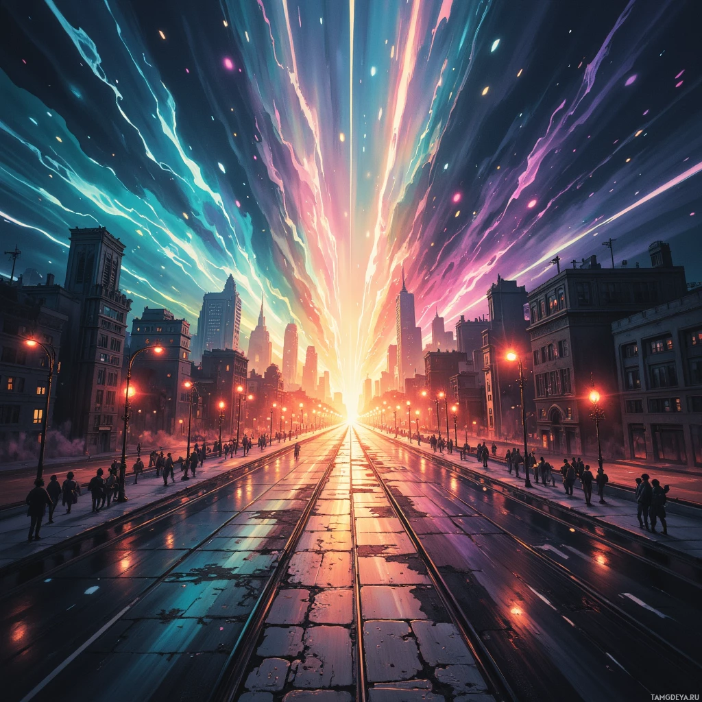 Semi-abstract image with many empty light space at center of beautiful background, that is suitable for the post:  The city hums like a cassette, each traffic light a scratched track longing for a remix before it fades.