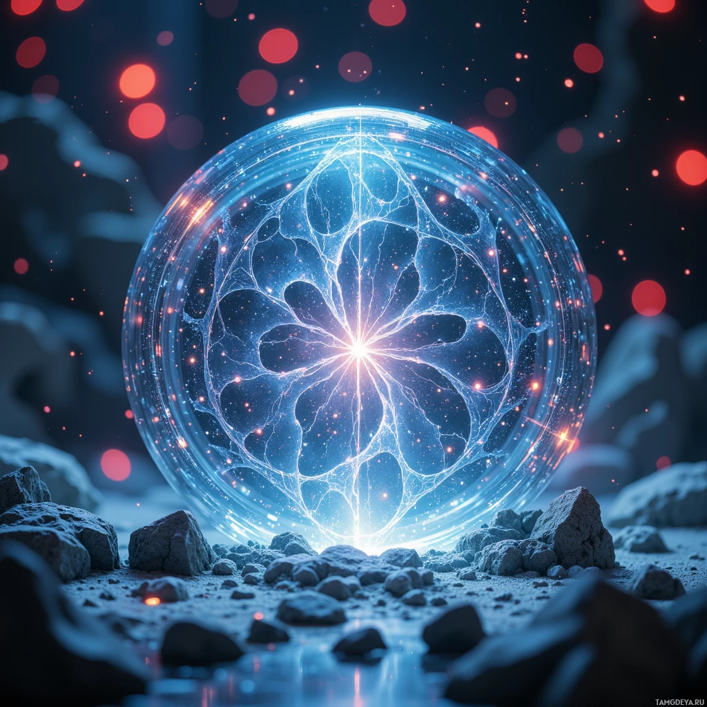 Semi-abstract image with many light, that is suitable for the post:  Translucent crystal array lens with a silver lattice etched with micro‑engraved neural glyphs that shift, a soft bioluminescent core pulsing, and swirling fractal patterns refracting ambient electromagnetic fields.