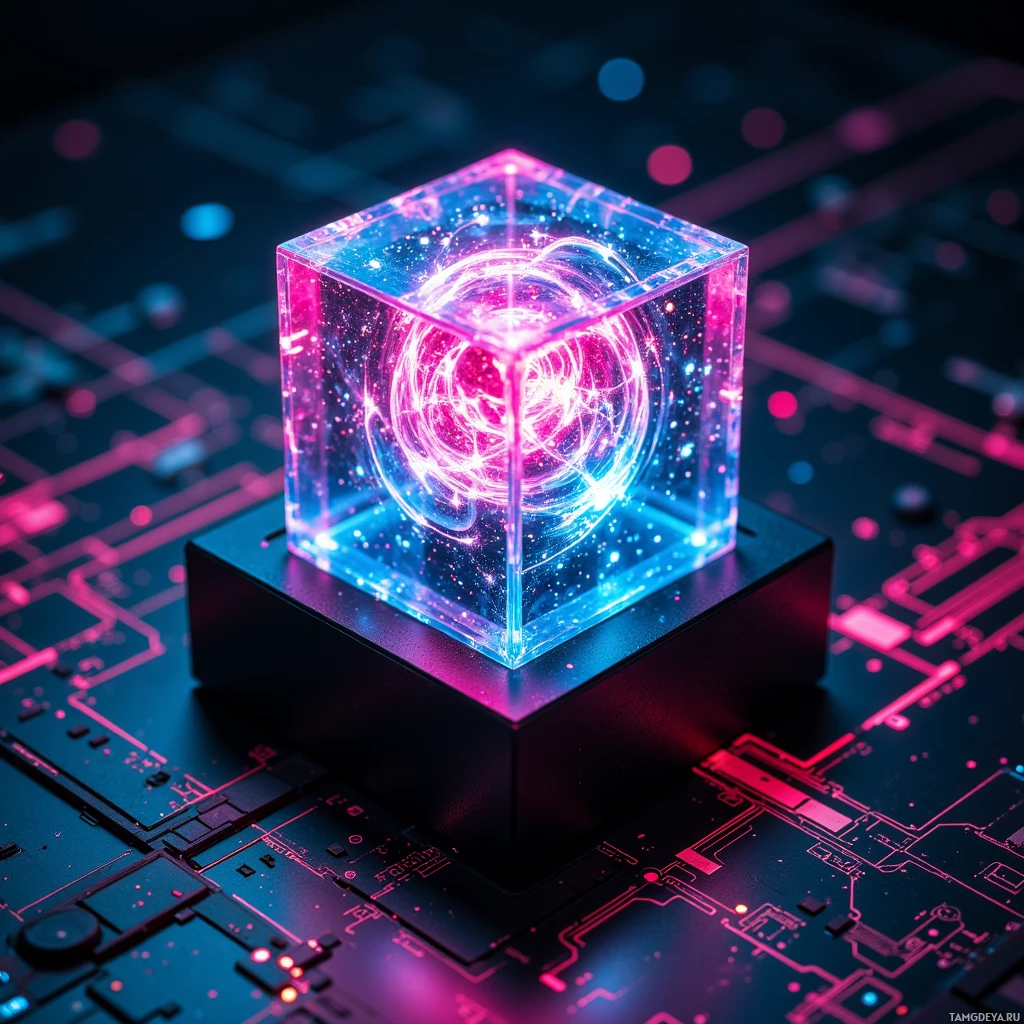 Semi-abstract image with many light, that is suitable for the post:  Translucent glass cube with rotating motion, matte black cyberpunk casing, fractal neon pink and cyan glitch patterns flickering on its surface, small wearable art piece with glowing soft synth light.