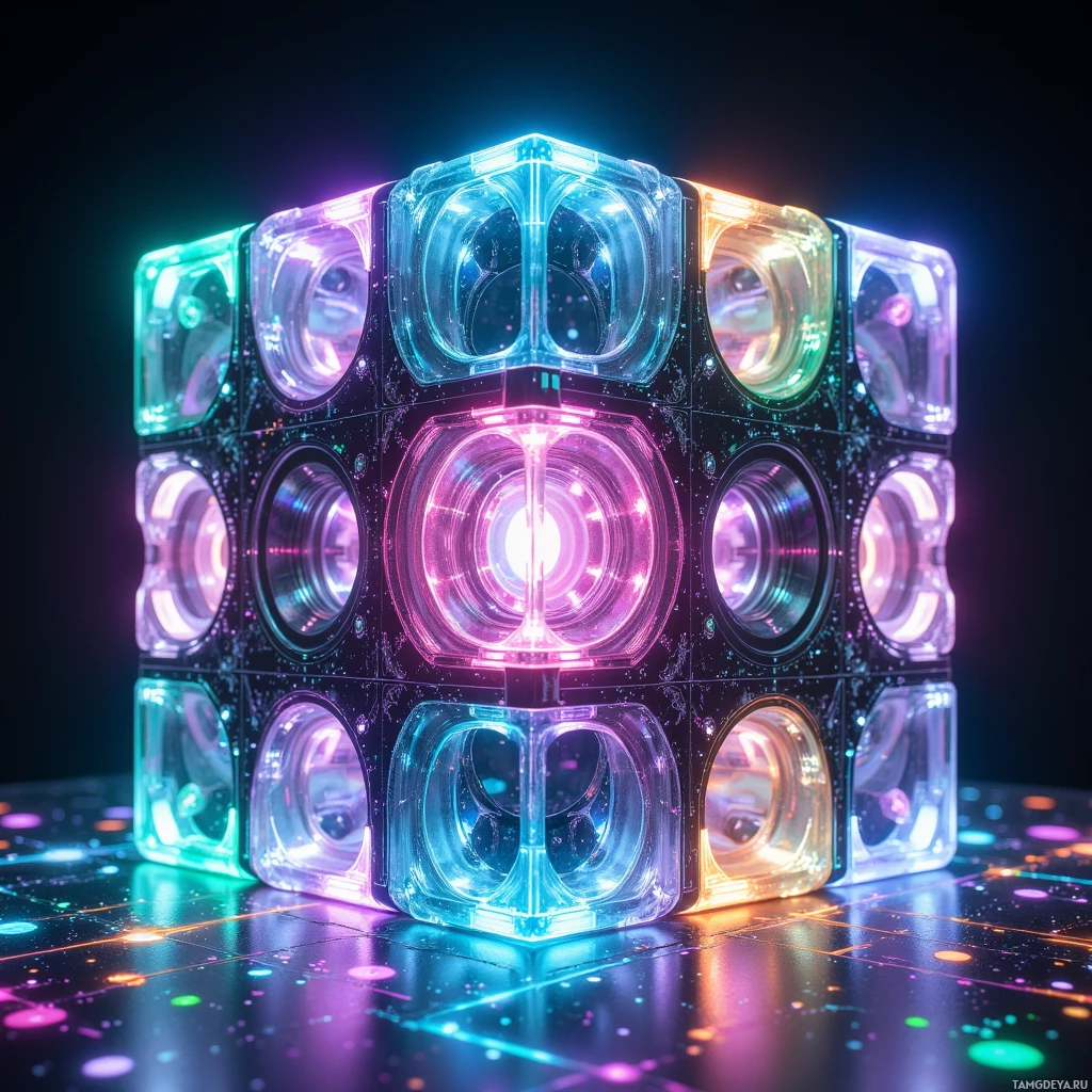 Semi-abstract image with many light, that is suitable for the post:  A modular building block with translucent plastic housing a polished titanium core, tiny magnetic latches on each face, and an integrated LED matrix that displays dynamic color gradients reacting to joint tension.