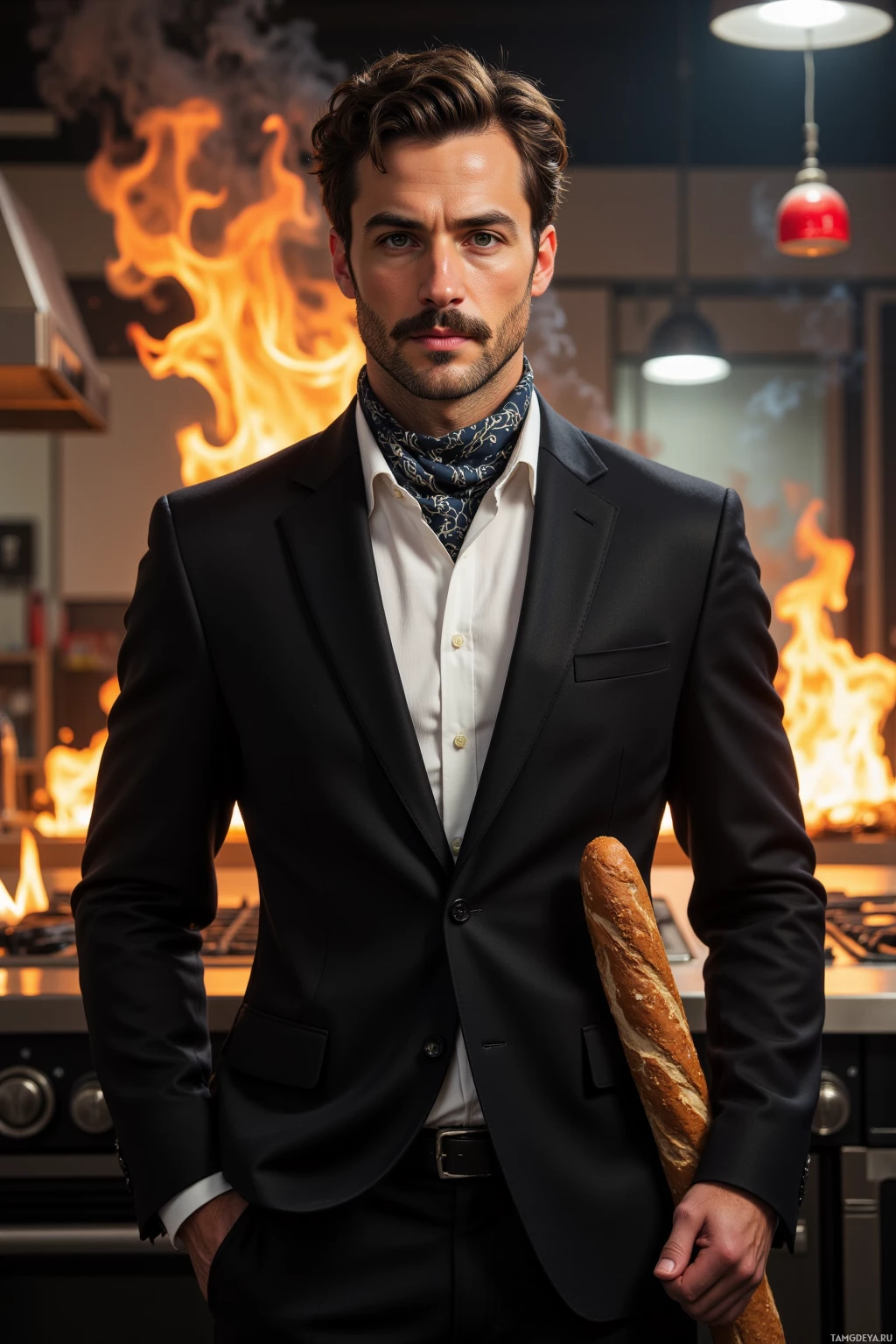 Realistic high quality photo. Tall man in a slim-fit black suit, crisp white shirt, patterned scarf, curly dark hair, piercing blue eyes, fair skin and a well-groomed mustache, holding a baguette under his arm, standing in a modern kitchen with a stove, flames and billowing smoke from a flambé, a flashing fire alarm light overhead, wearing a comedic, triumphant expression.