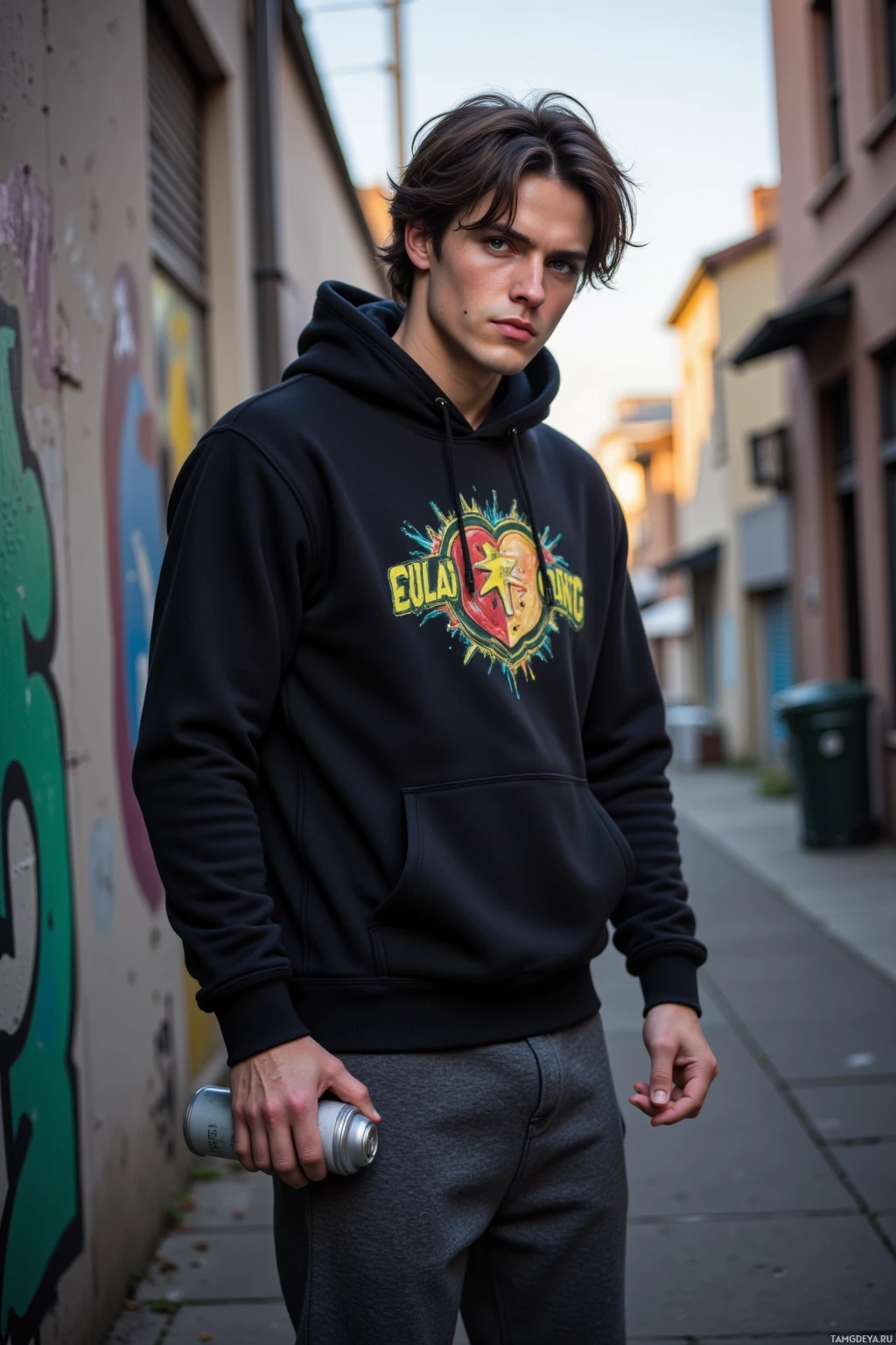 Realistic high quality photo. A 27‑year‑old man with messy dark hair, bright blue eyes, pale skin, strong jawline, wearing a black hoodie with a bold graphic, dark grey sweatpants, white sneakers, holding a spray can, standing on a gray concrete wall at dawn after a late shift, defiant expression, jungle‑green wrist, city alley backdrop.