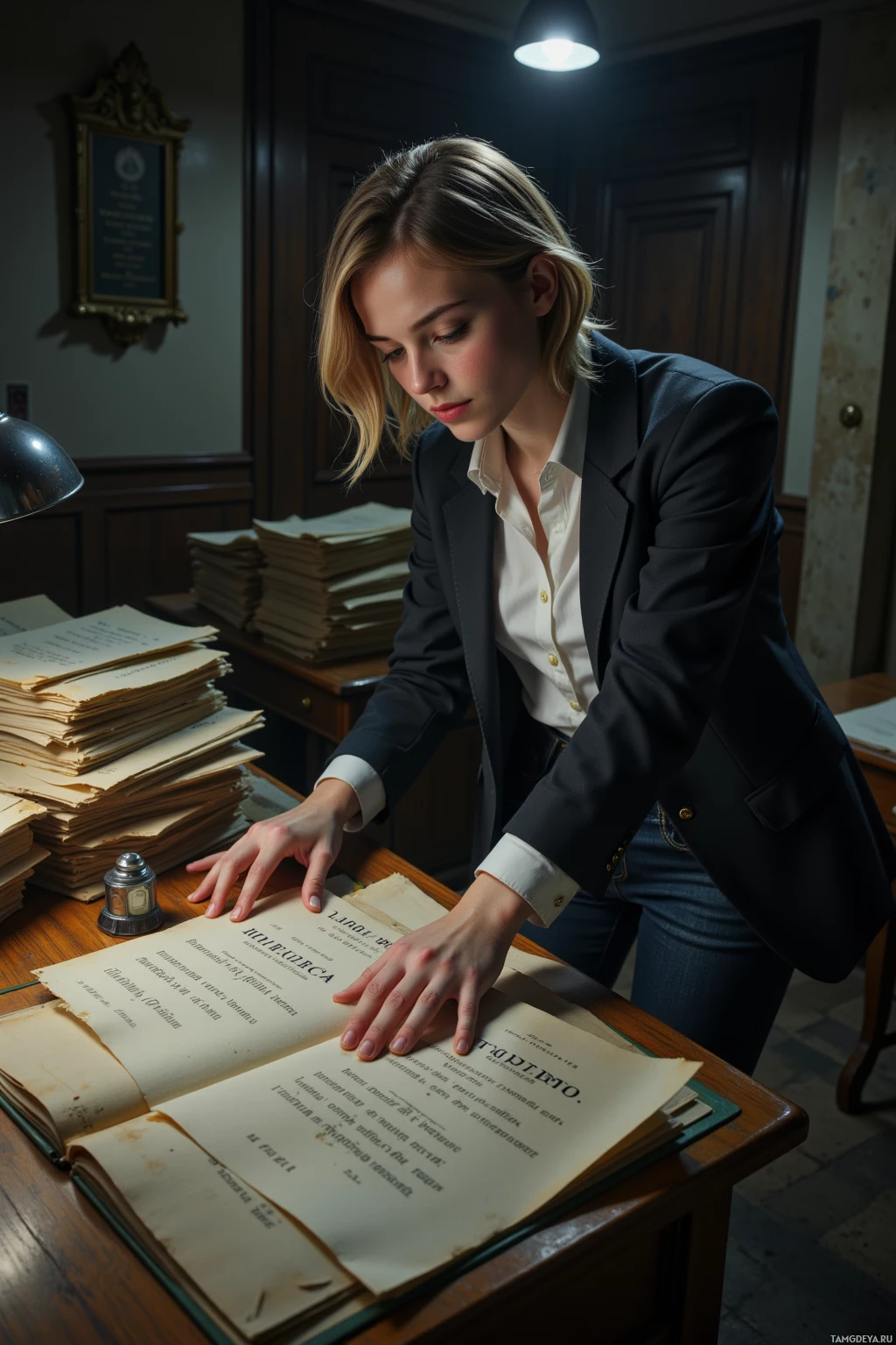Женщина в костюме наклонилась над столом, рассматривая открытую книгу.