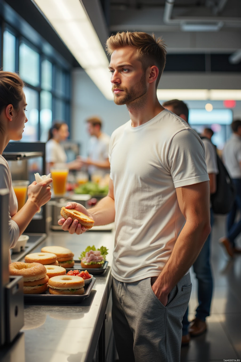 Мужчина и женщина стоят на кухне, держа в руках продукты.