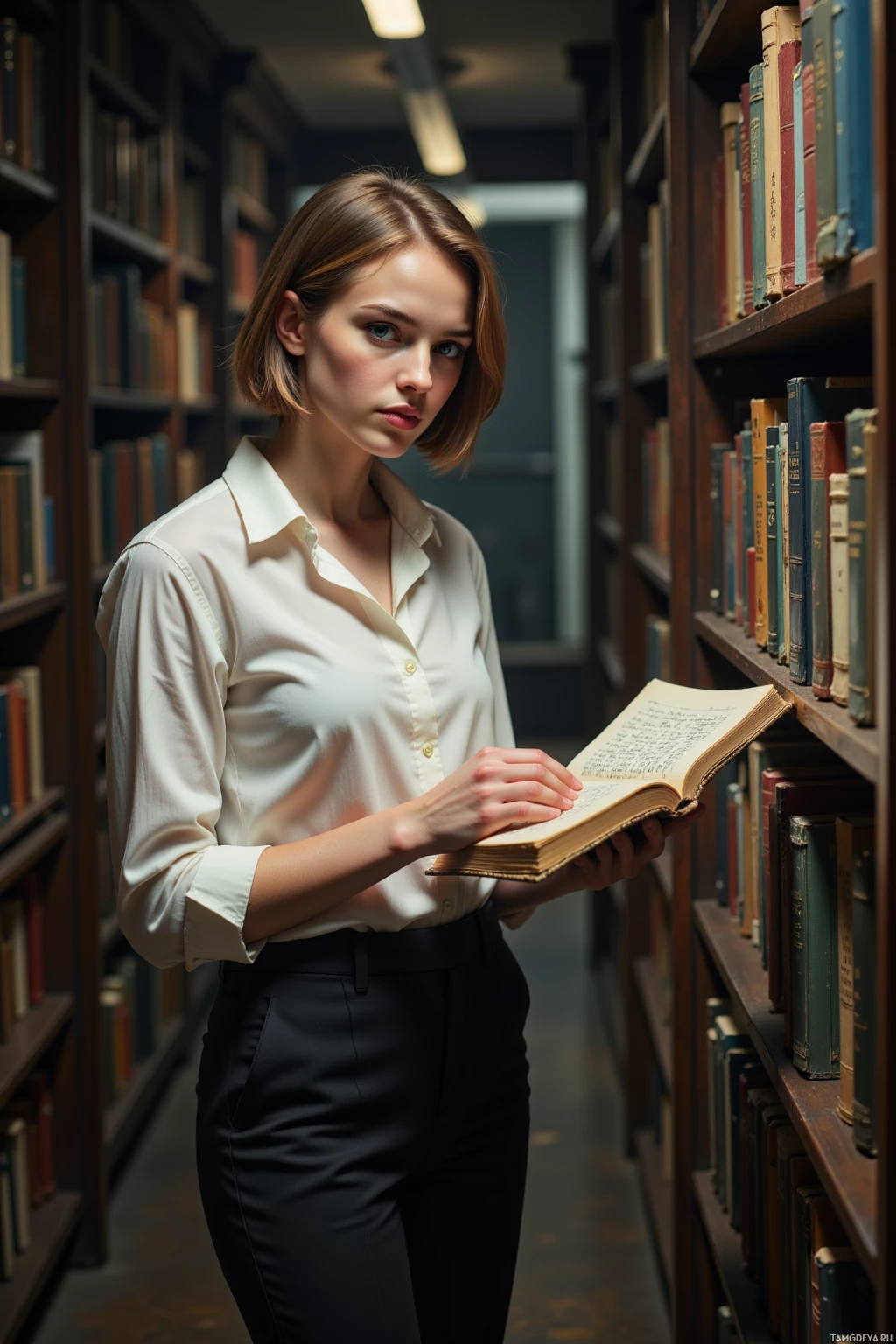 В библиотеке женщина держит открытую книгу, окружённая книжными полками.