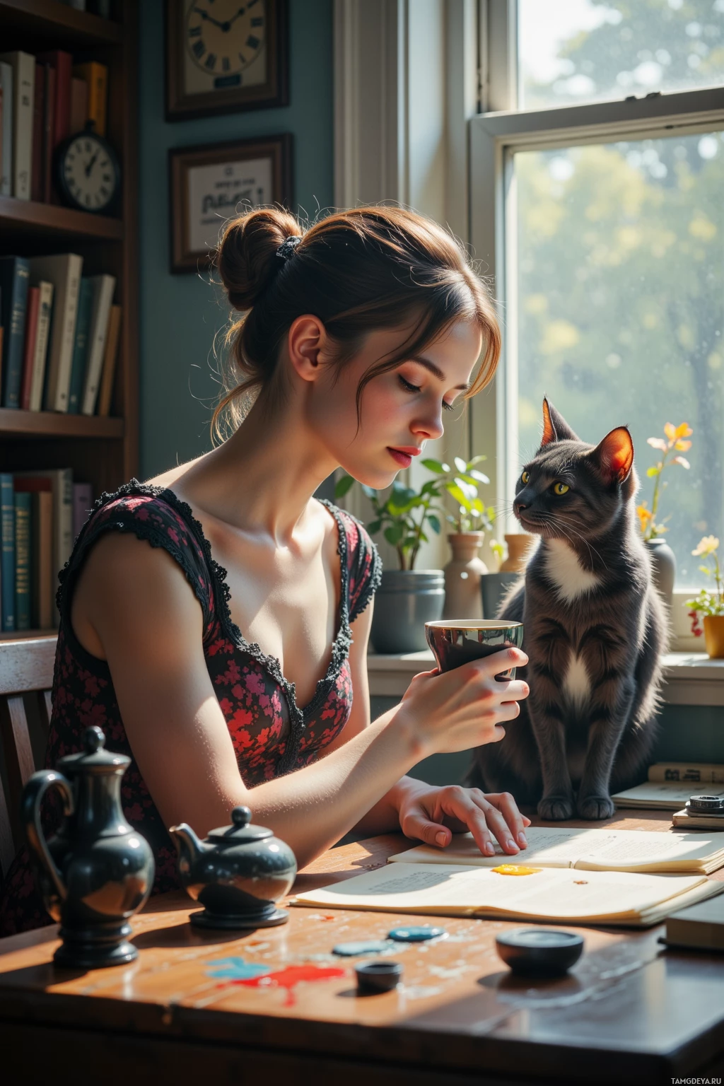 У окна сидит женщина и читает книгу, рядом – кошка.