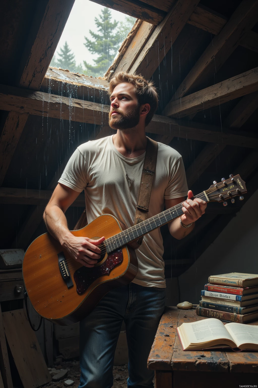 Realistic high quality photo. A 26‑year‑old man with tousled light brown hair, blue eyes, pale skin, scruffy beard, wearing a faded t‑shirt and jeans, stands in a dusty attic with cracked wooden beams, holding a worn acoustic guitar, a stack of old mixtapes on a wooden table, looking up at exposed ceiling tiles while rain taps on the roof, a notebook open beside him, tired yet determined.