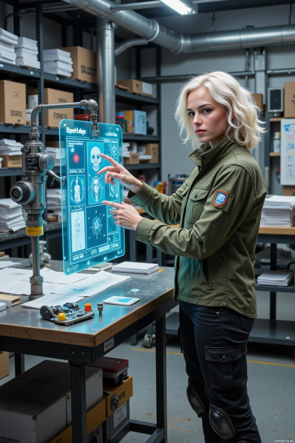 Realistic high quality photo. Female 33-year-old tinkerer with white curly hair, blue eyes, green utility jacket, black cargo pants, reinforced boots, stands in a high‑tech zero‑waste resonator lab, surrounded by stacks of prototype schematics on metallic tables, pointing with intense focus to a holographic upgrade interface demanding a diagram, while an exposed empathy module valve sits on the workbench, illuminated by soft ambient light.