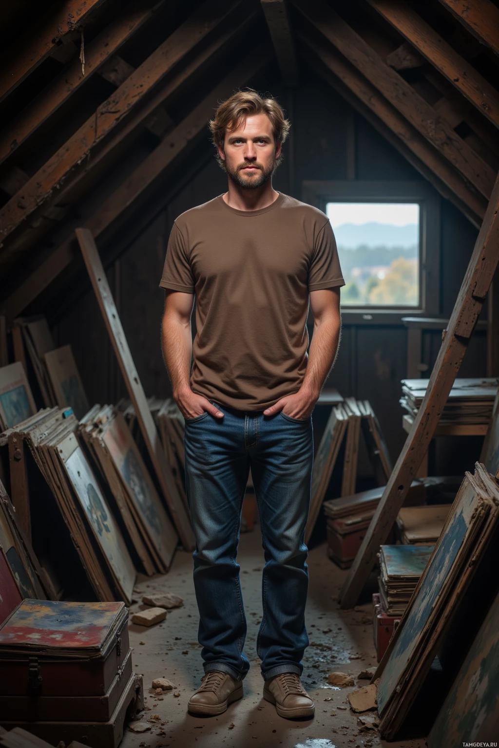 Realistic high quality photo. Man, 26, messy brown hair, scruffy beard, bright blue eyes, wearing a brown t‑shirt, blue jeans, sneakers, standing in a dimly lit attic filled with dusty vinyl records and dust bunnies, with a small window showing a quiet, cloudy outside scene in late afternoon light.