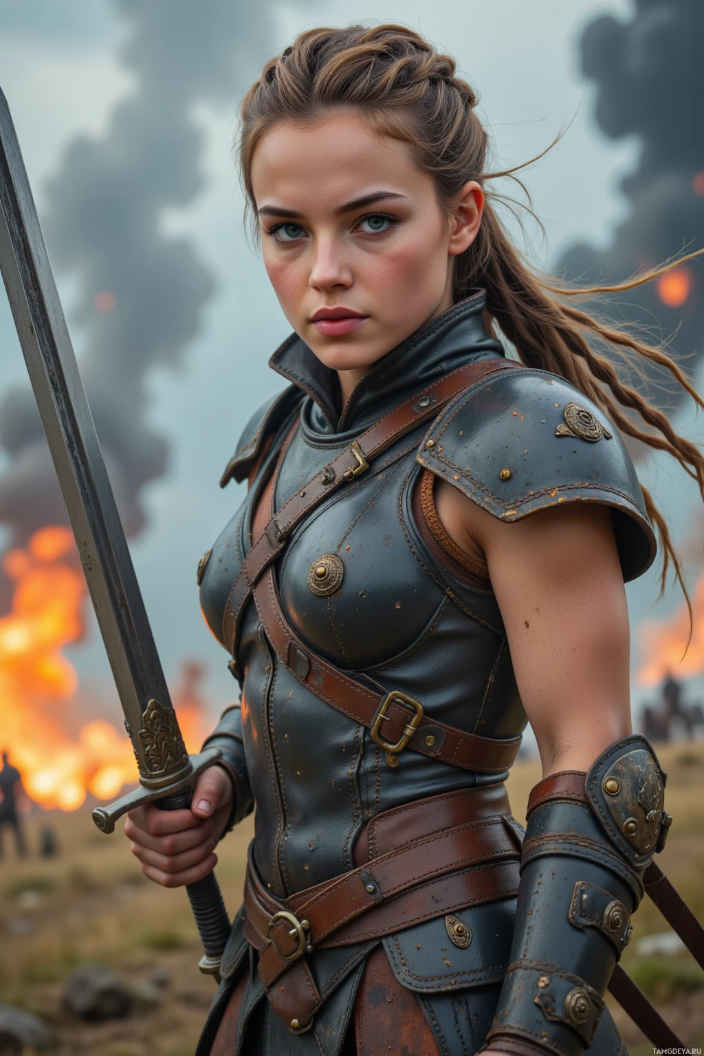 Realistic high quality photo. A fierce woman, 28, with light brown braided hair and striking blue eyes, wearing worn tribal leather armor, swings a gleaming sword across a wind‑howling battlefield with distant explosions and a stormy sky, her determined stance radiating disciplined power.