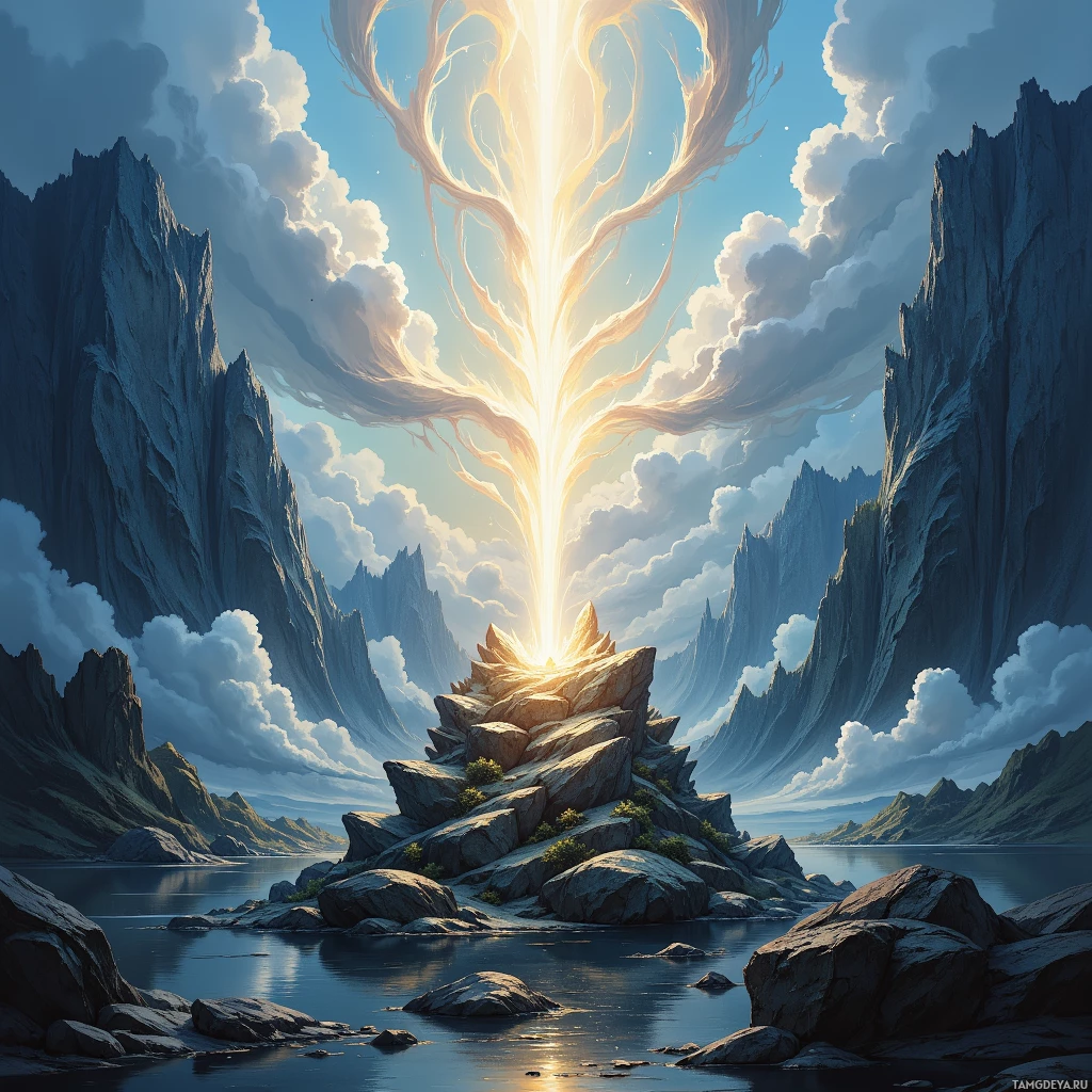 Semi-abstract image with many empty light space at center of beautiful background, that is suitable for the post:  The mountain's stone heart beats in quiet rhythms, echoing the pulse of our collective awakening.