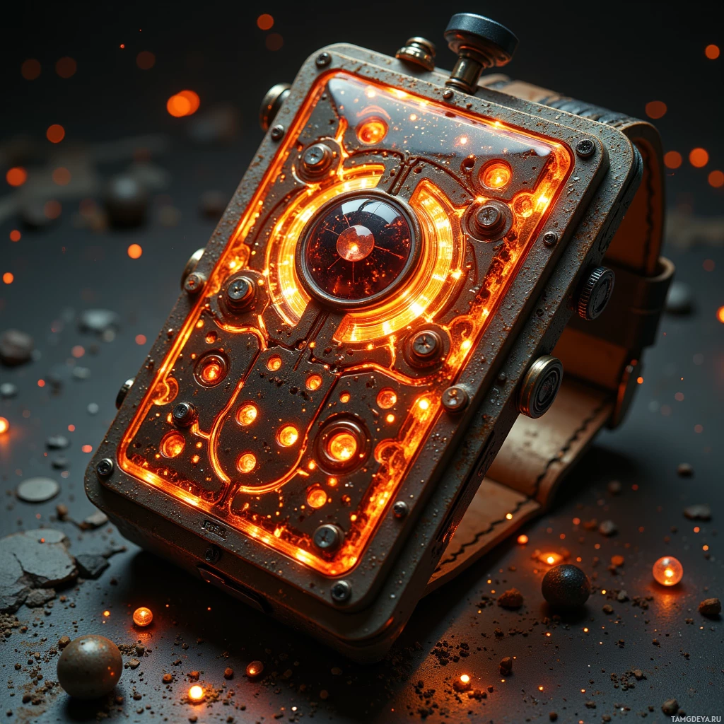 Semi-abstract image with many light, that is suitable for the post:  Compact wrist‑mounted synthesizer with a rusted steel frame, glimmering copper coil patterns, exposed circuitry and a water condensation reservoir, in warm rust and copper hues.