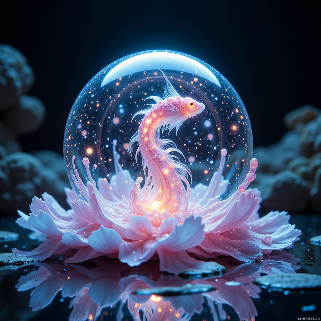 Semi-abstract image with many light, that is suitable for the post:  tiny translucent biosphere with a glass‑like shell embedded with flexible graphene sensors, faint lanternfish‑style bioluminescent glow, soft pulsating translucent tentacles that ripple to create gentle currents, iridescent color shifts and subtle reflections.