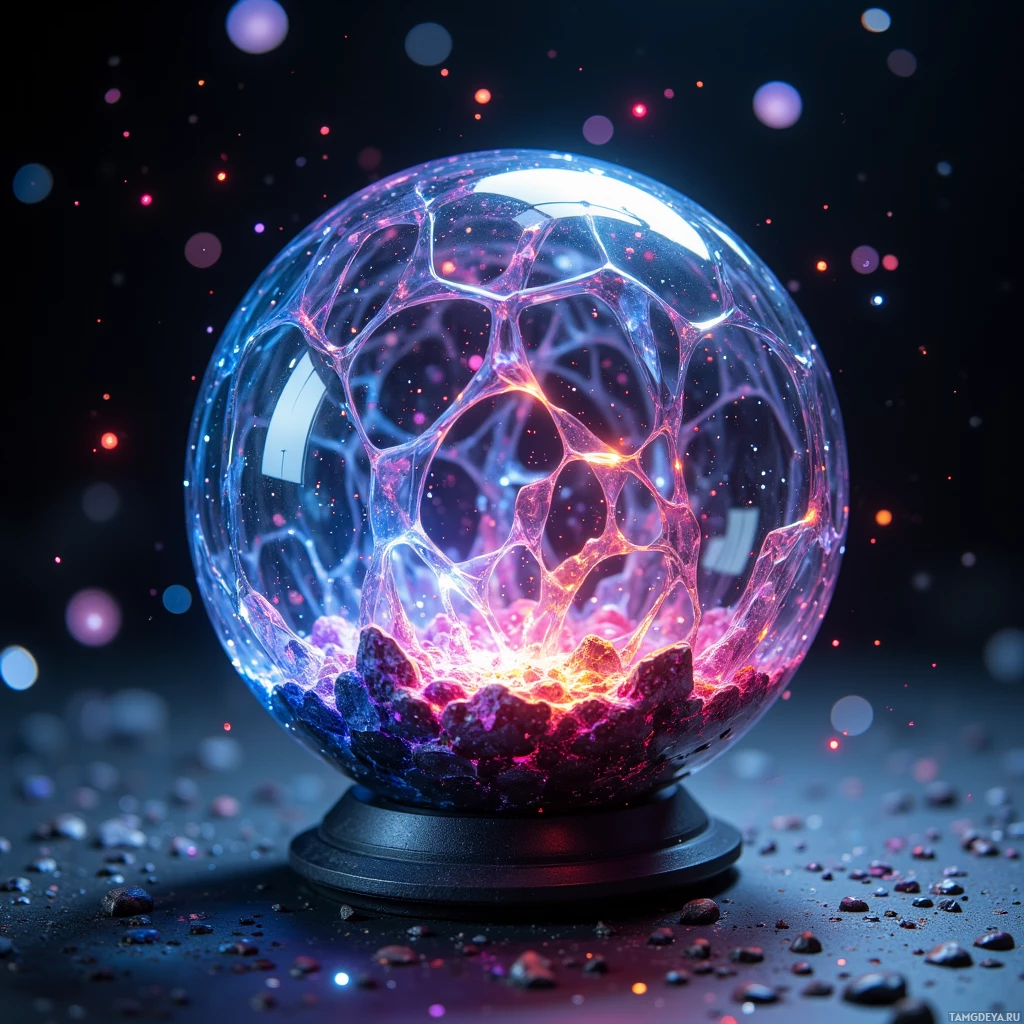 Semi-abstract image with many light, that is suitable for the post:  A translucent crystal sphere with a matte‑black titanium shell and embedded graphene sensor, its faceted interior lattice visibly morphing as light refracts through microtonal resonant cavities, creating a vivid, color‑shifting spectral map.