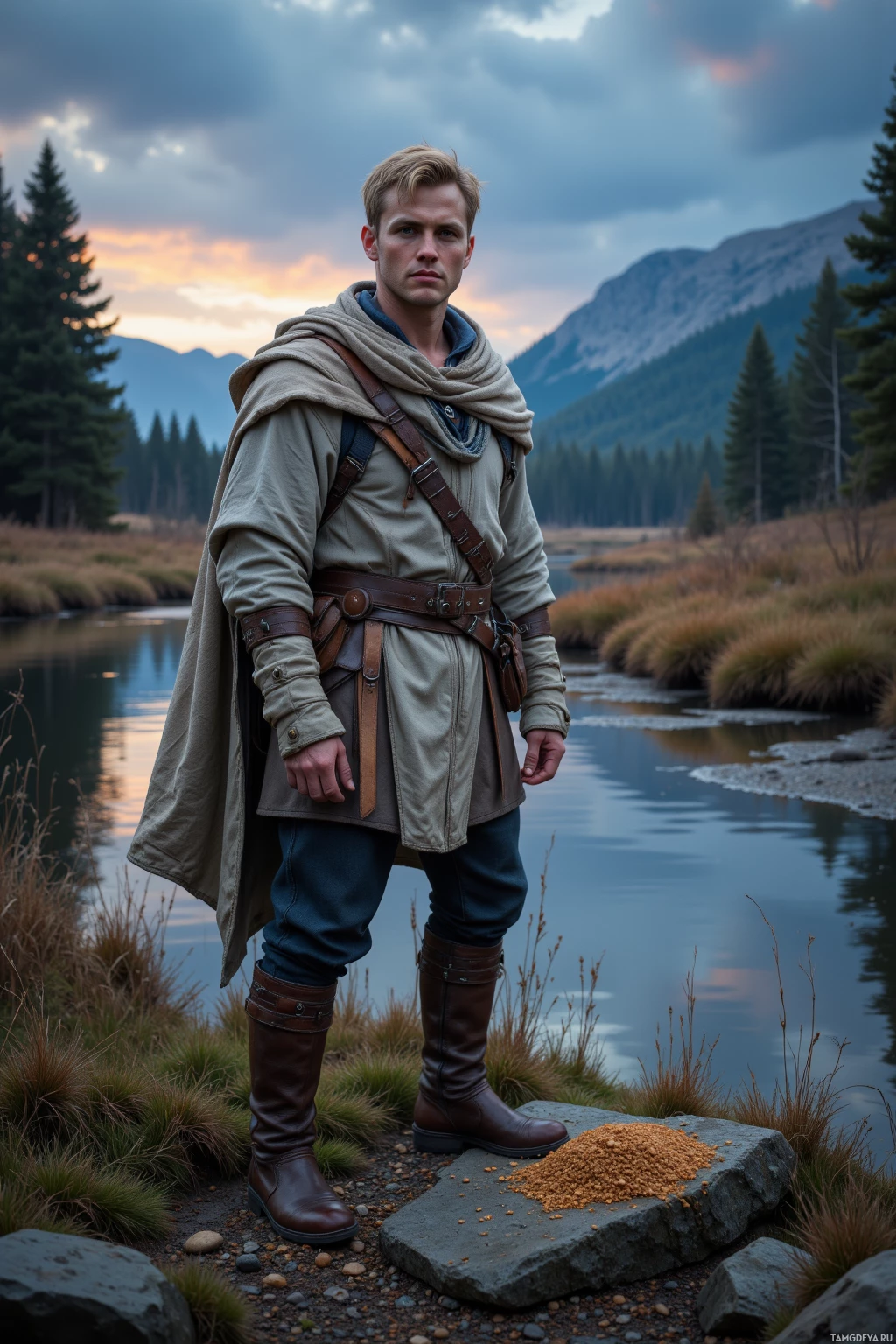 Realistic high quality photo. A tall 34‑year‑old man with short blonde hair, blue eyes, light skin, wearing a weathered light‑gray cloak, muted tunic and worn leather boots, standing beside a moss‑covered stone on the edge of a quiet creek at dusk, placing a handful of dry rations on a patch of sun‑blasted earth under a twilight sky.
