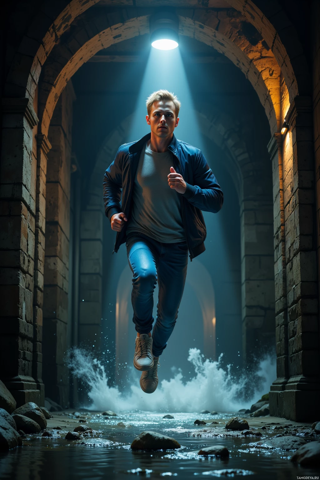 Realistic high quality photo. A lean 28‑year‑old man with short blonde hair, bright blue eyes and pale skin, wearing a casual sporty jacket and sneakers, sprinting through a brightly illuminated alley at night and mid‑jump off an old viaduct into a calm river below, dynamic motion, dramatic shadows.