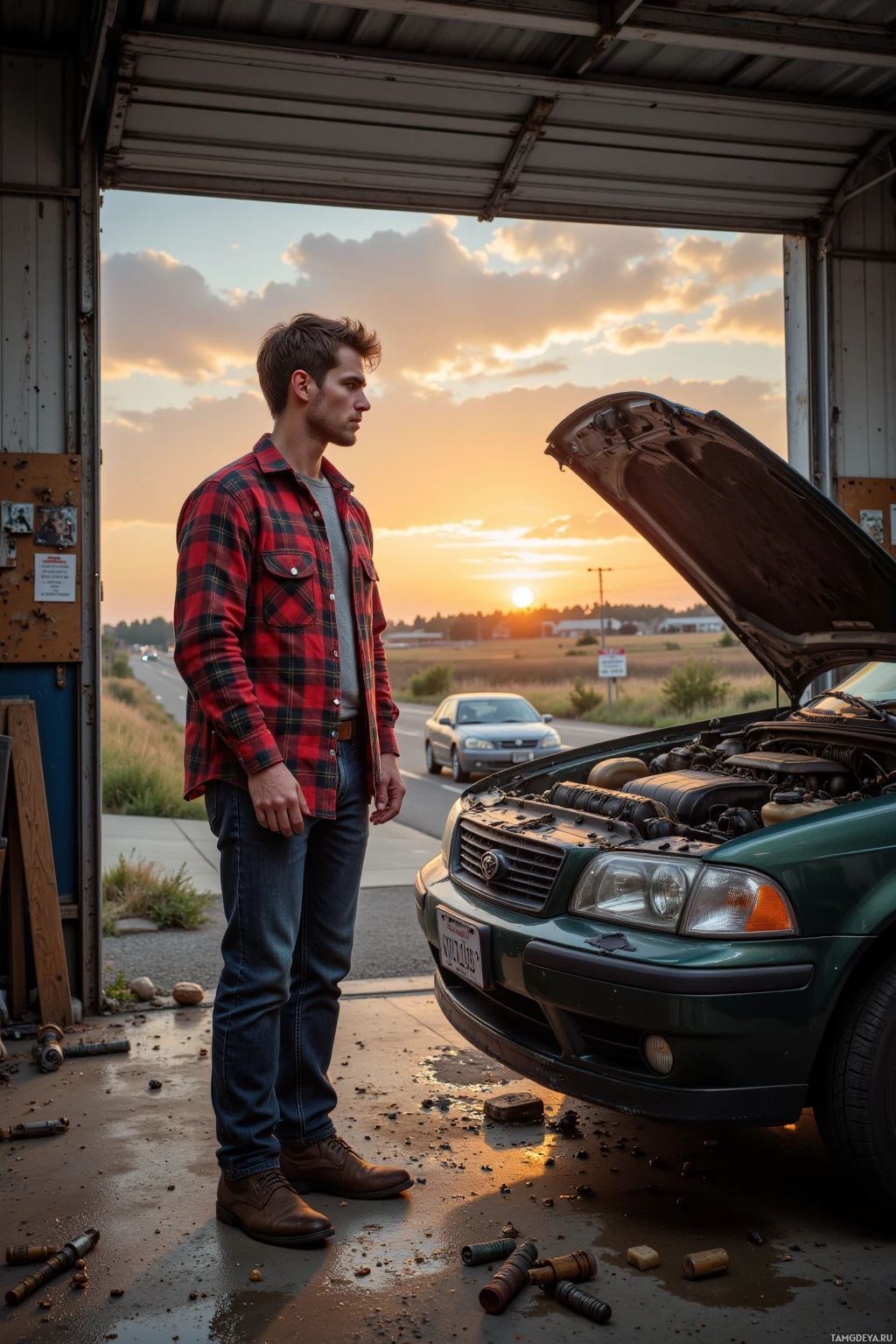 Realistic high quality photo. A practical 33‑year‑old mechanic with light brown hair and clear blue eyes, wearing a checked flannel shirt, dark jeans, and sturdy work boots, standing in a cluttered garage with an open car engine, grease on his hands, surrounded by loose screws and a neighbor yelling outside, calmly watching a sunset over a highway, determined and focused.