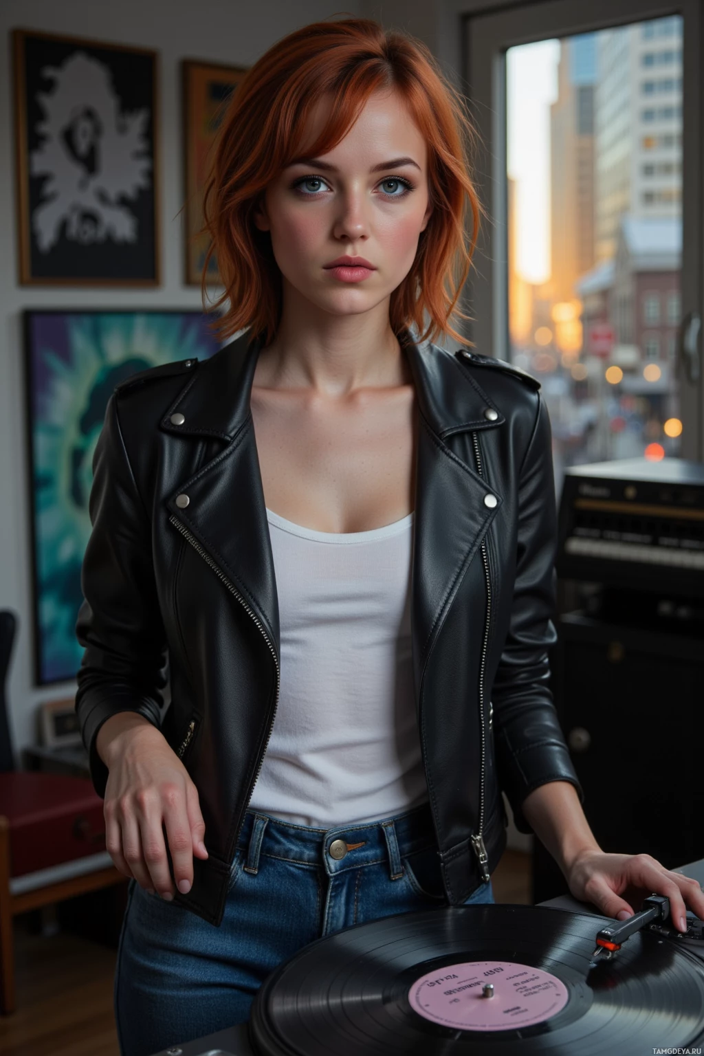 Realistic high quality photo. Red‑haired woman with a messy bob, bright green eyes, porcelain skin, wearing a black leather jacket over jeans and a white tee, dropping a needle onto a scratched vinyl on a turntable in a dim modern studio, her body swaying with fierce energy while city street sounds seep through the window at dawn, reflecting her rebellious, angry yet passionate vibe.