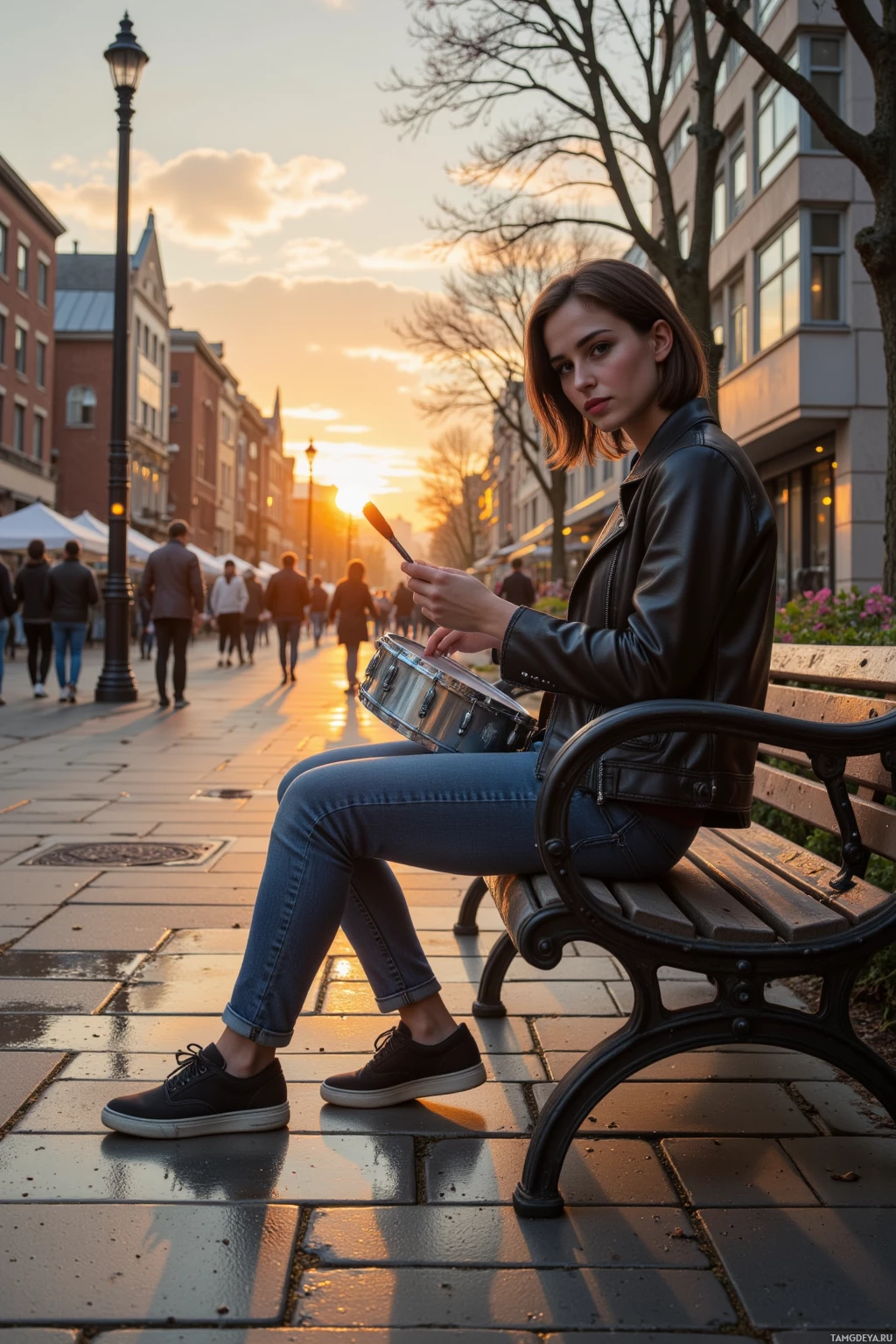 Realistic high quality photo. 23-year-old woman with short black hair in a black leather jacket, jeans and sneakers, playing drums at a bustling block party on a bright street, then chasing a sunrise over a river, sketching wet sidewalk reflections, and delivering a spoken word set on a park bench, modern realism.