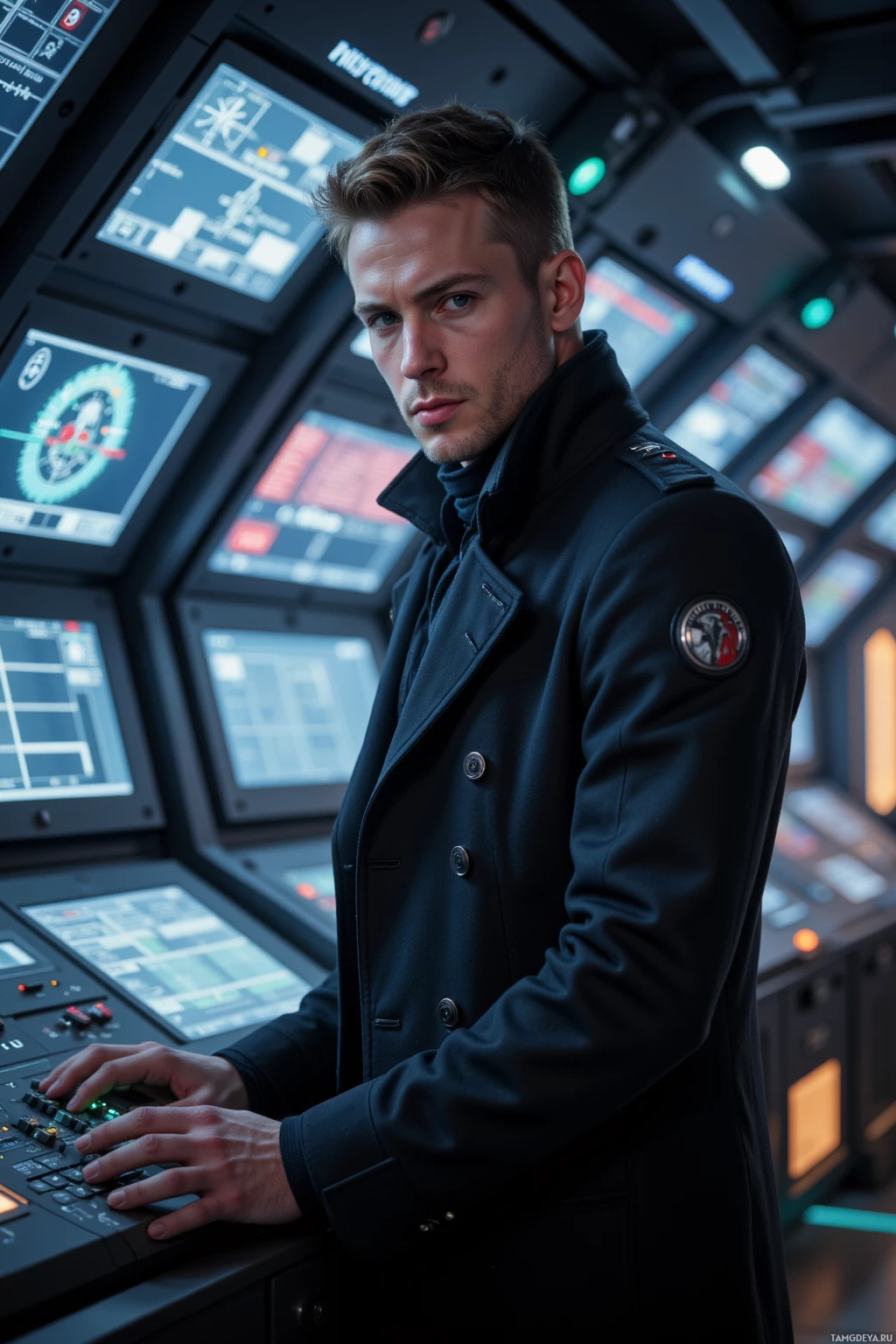Realistic high quality photo. Male, 34, tall, light brown hair, sharp blue eyes, wearing a high‑collared sleek coat with embedded panels, standing in a late‑night Sector 7B control hub surrounded by glowing sensor arrays and precise grid panels, adjusting alignment controls with a focused, restless gaze as the system hums with disciplined order.