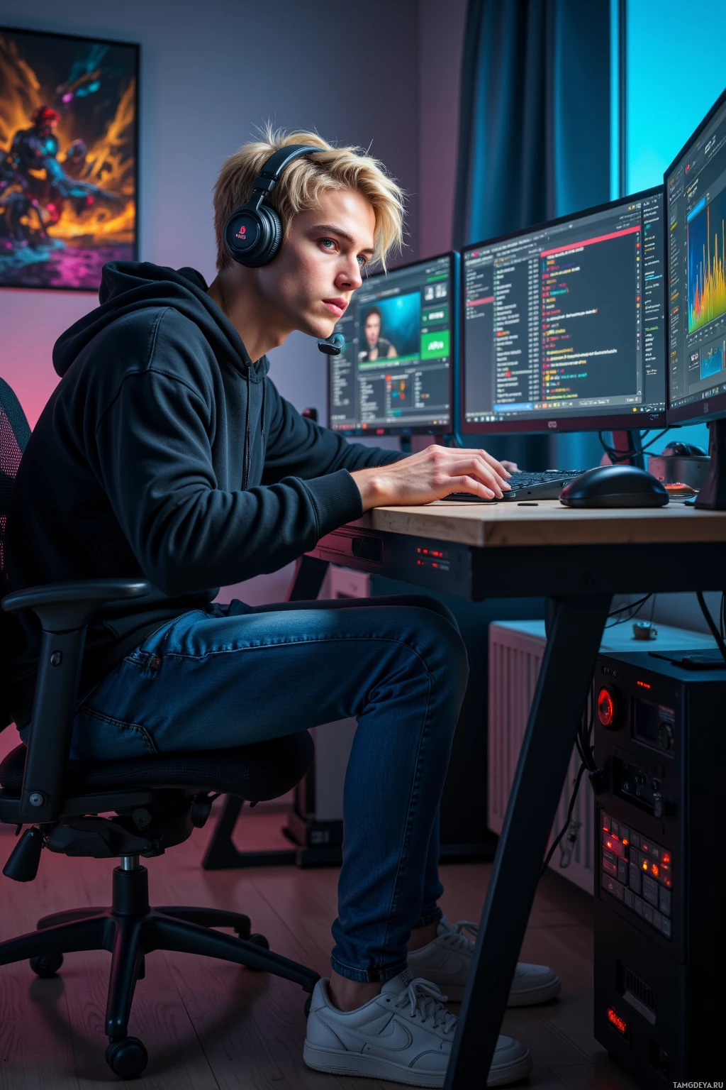 Realistic high quality photo. Tall athletic 21-year-old man with short blonde hair, bright blue eyes, fair skin, strong jawline, wearing a black hoodie, denim jeans, white sneakers, headset draped around his neck, intensely focused on a cluttered gaming desk with multiple monitors displaying stream logs and error analytics in a late‑night glow.