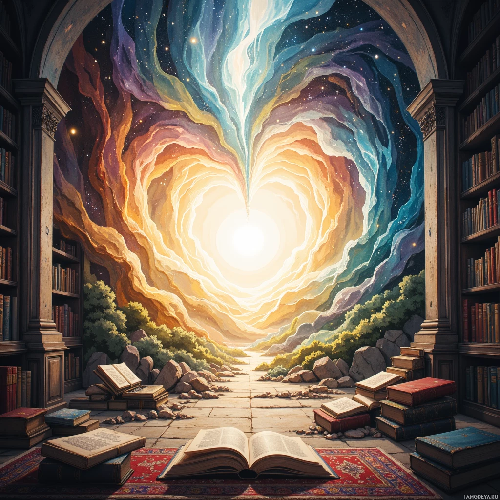 Semi-abstract image with many empty light space at center of beautiful background, that is suitable for the post:  The universe is a library, and I keep borrowing the same question, hoping for a new ending.
