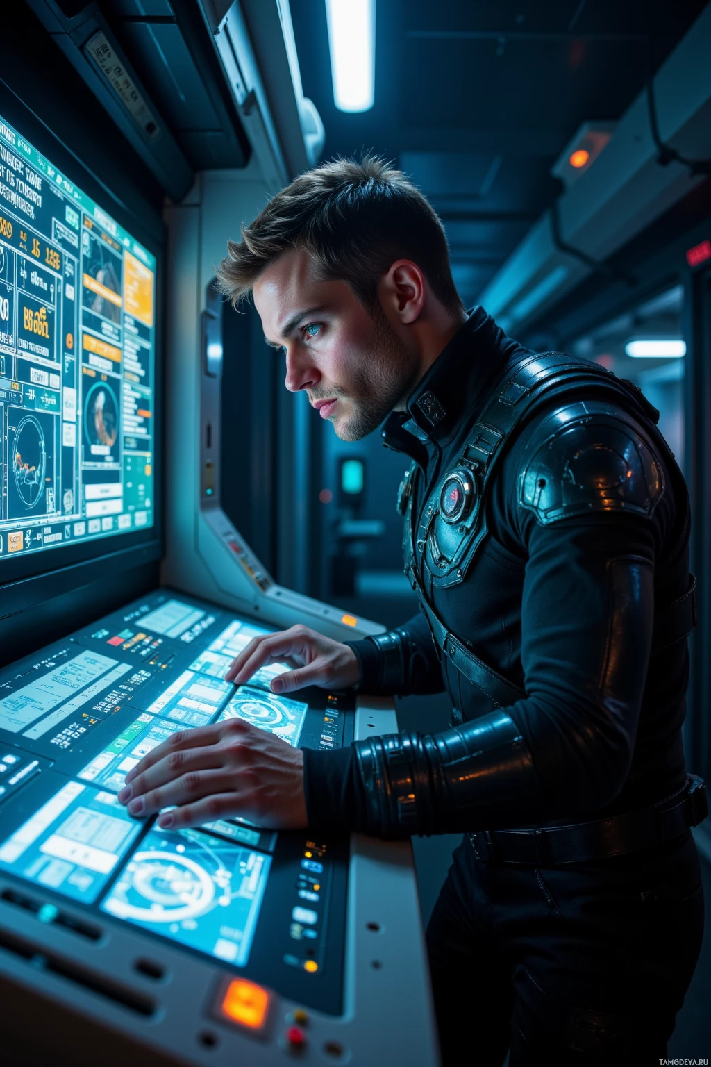Realistic high quality photo. 35‑year‑old male, short light brown hair, blue eyes, sleek black jumpsuit with utility belt and translucent fractured mask, hunched over a glowing holographic sensor array console inside a dim starship hull at night, aligning data frequencies with the ship's natural harmonics, intense and focused.
