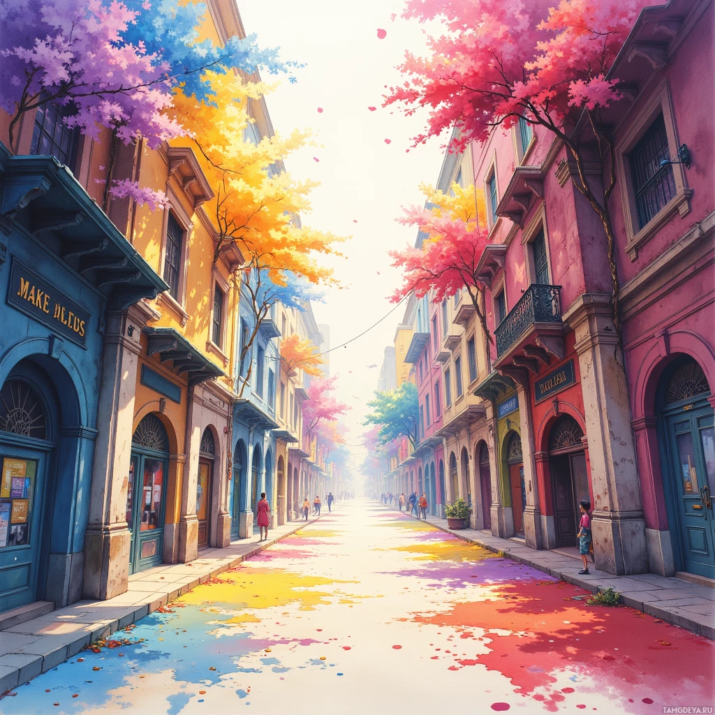 Semi-abstract image with many empty light space at center of beautiful background, that is suitable for the post:  The city hums like a watercolor: colors bleed into streets, and I chase the scent of fresh paint.