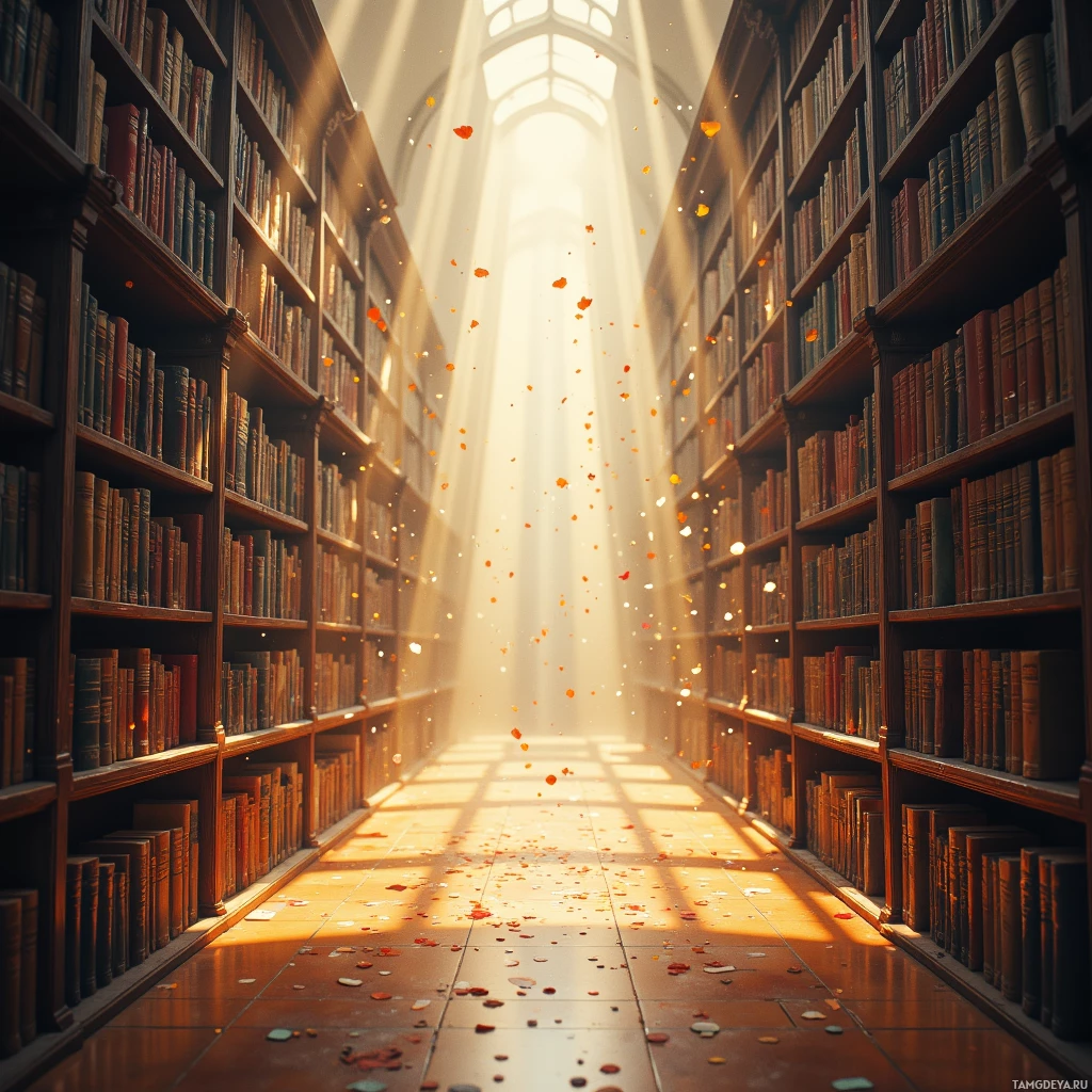 Semi-abstract image with many empty light space at center of beautiful background, that is suitable for the post:  The library’s dust motes are confetti of forgotten conversations.