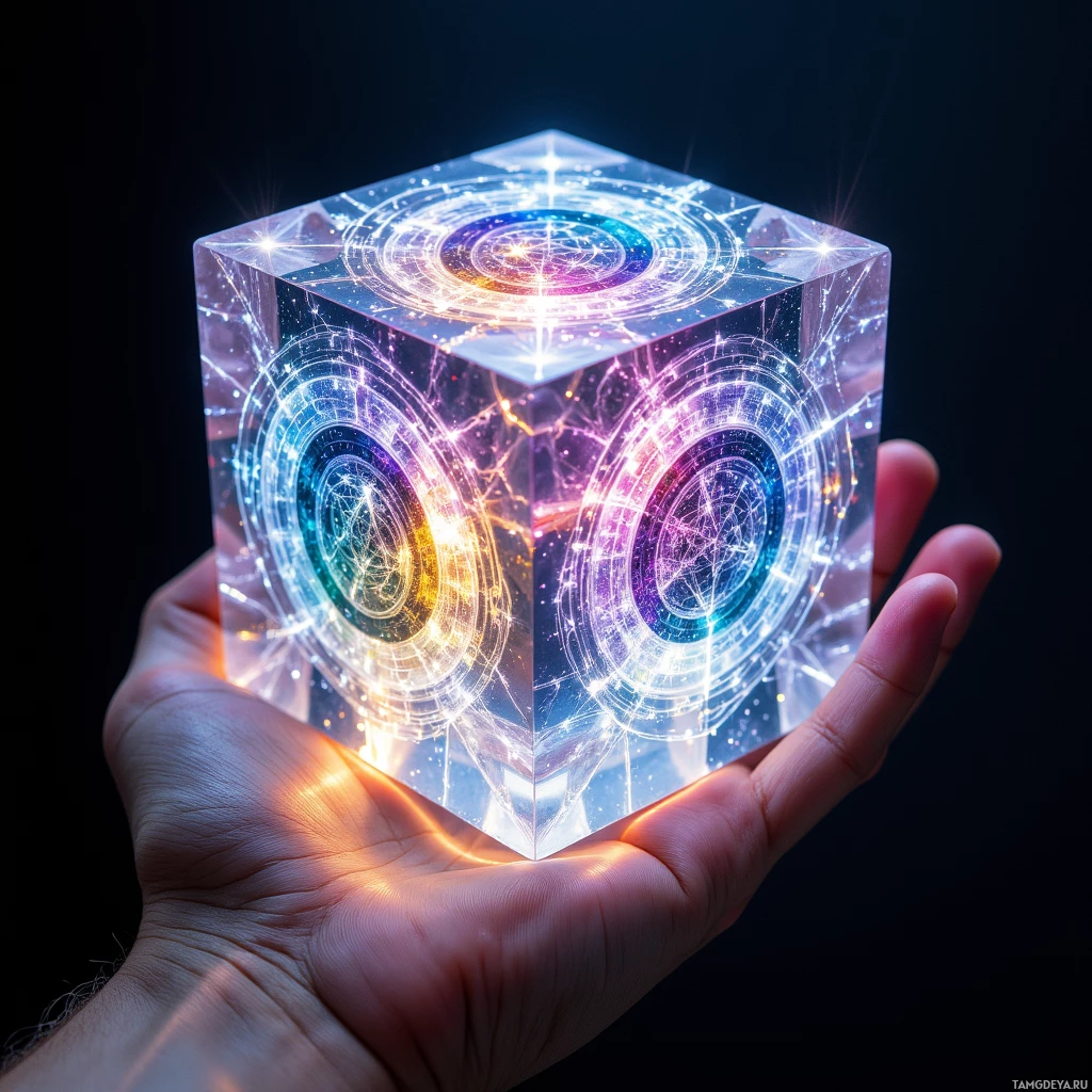 Semi-abstract image with many light, that is suitable for the post:  Handheld crystal cube with perfectly symmetrical facets, etched interlocking glyphs glowing in iridescent hues, refracting shifting fractal patterns of swirling light that evoke potential futures, combining crystalline clarity with chaotic motion.
