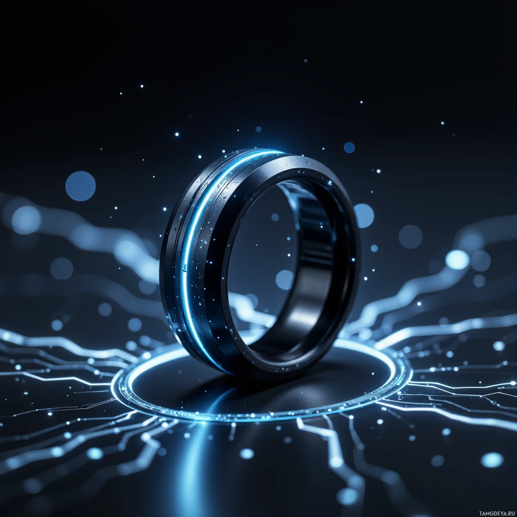 Semi-abstract image with many light, that is suitable for the post:  Titanium smart ring with a matte black, sleek band, thin profile, faint glowing blue LED strips along the circumference indicating the AI core, subtle engraved circuitry patterns, and small vibration icons etched into the surface.