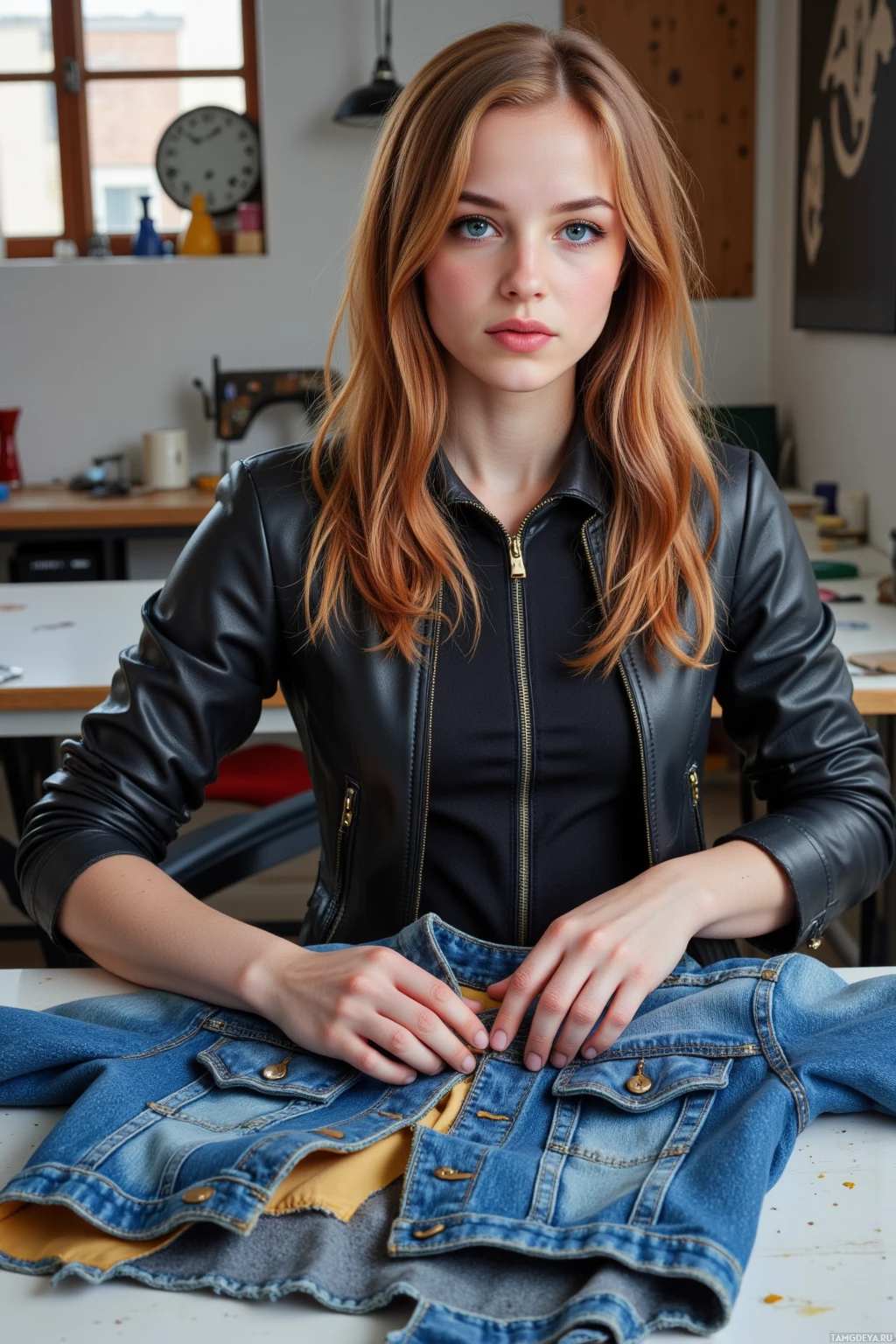 Realistic high quality photo. 27‑year‑old woman with loose auburn waves, bright blue eyes, porcelain skin, wearing a fitted black leather jacket and sleek knee‑high boots, cuts a vintage indigo Levi’s jacket on a studio workbench, stitching it to a silk lining amid a chaotic color‑blocked design with uneven seams, surrounded by sewing tools and natural light, embodying her inventive, rebellious spirit.