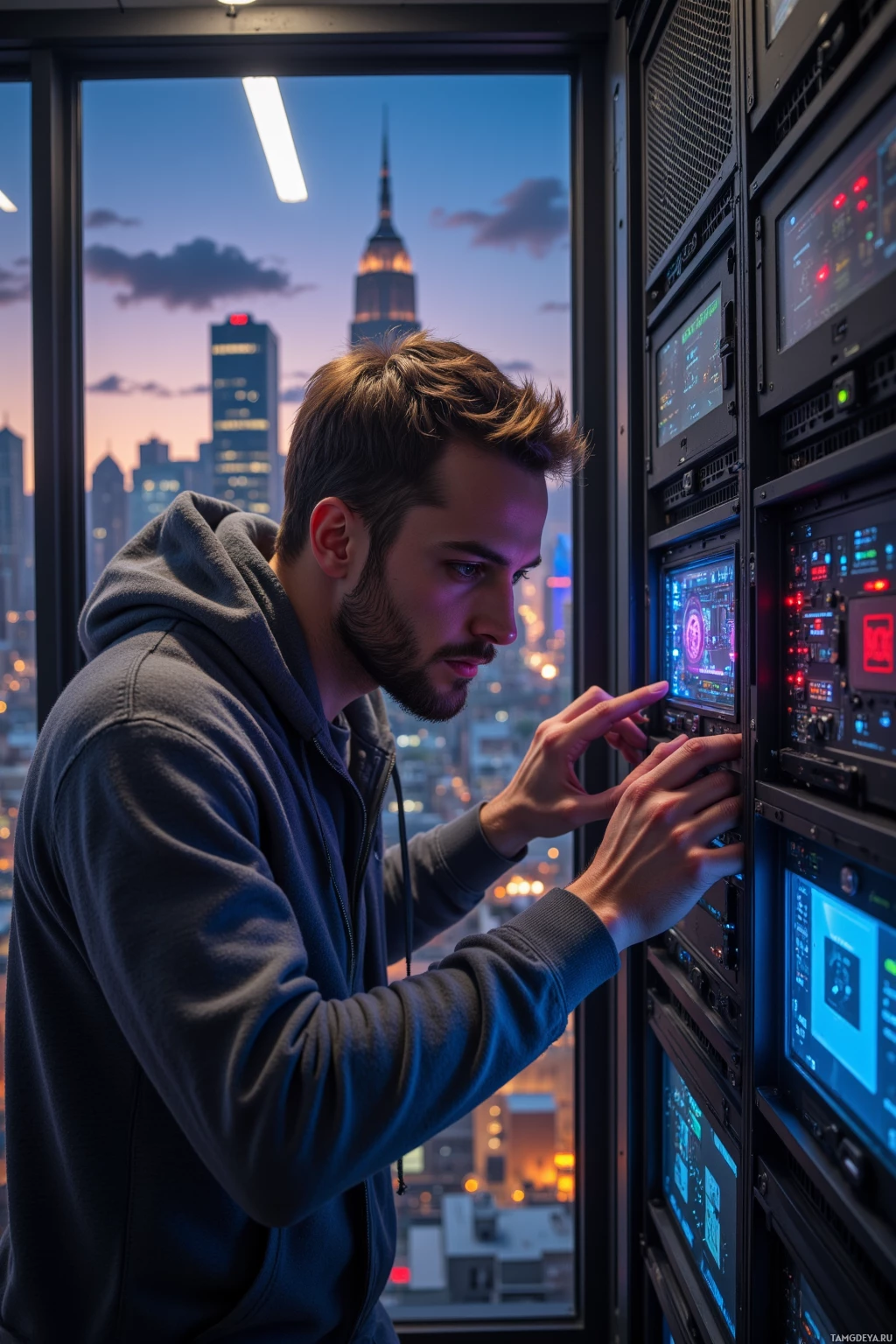 Realistic high quality photo. A 35‑year‑old man with short light brown hair, blue eyes, fair skin, strong jawline, wearing a casual hoodie and jeans, hunched over a server rack with a lattice of blinking LEDs, adjusting circuitry while a city outside glows with shifting static under a dusky sky.