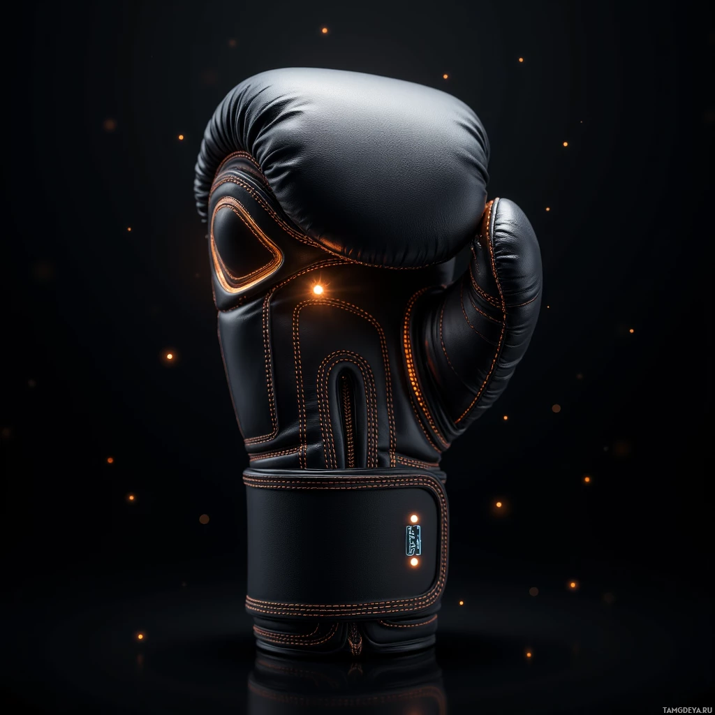 Semi-abstract image with many light, that is suitable for the post:  Matte black leather boxing glove with copper stitching, a faintly glowing sensor panel integrated into the cuff, a tiny LED screen embedded in the handle, sleek high‑tech aesthetic and ergonomic grip.